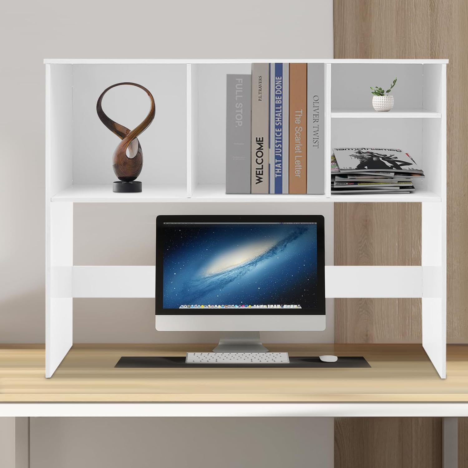 Desktop Bookshelf, 35.8" Desktop Organizer Shelf White Desk Hutch for Computer Desk 2 Tier Desk Shelf Multifunctional Freestanding Storage Rack Display Shelf for Home Office