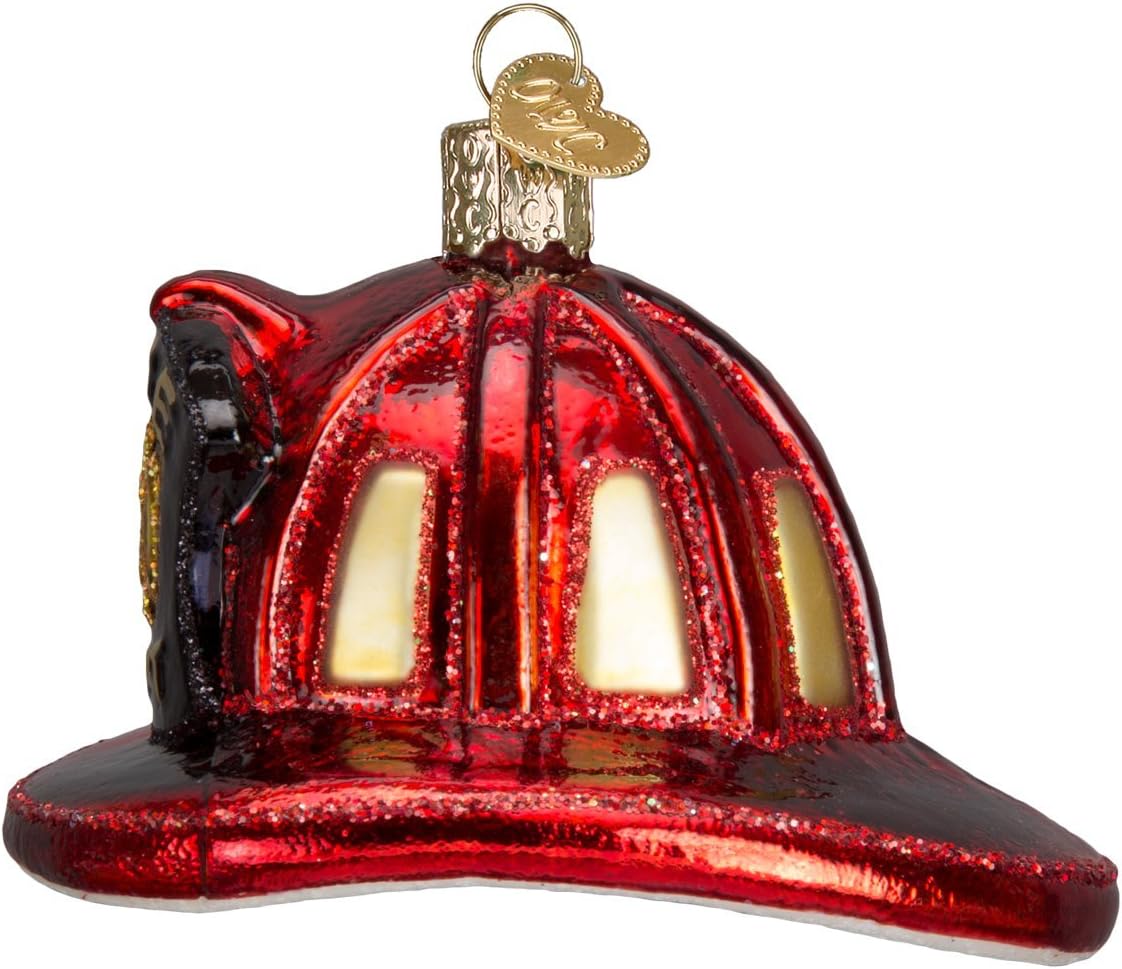 Old World Christmas Fireman's Helmet Glass Blown Ornament for Christmas Tree, Handcrafted Holiday Decoration, Firefighter Collection