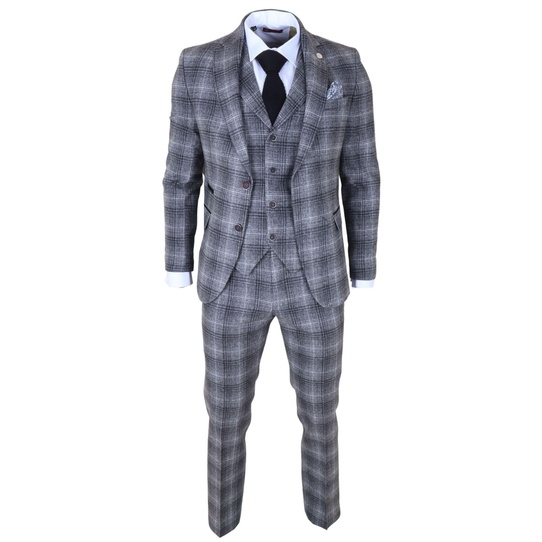 Truclothing Men's Grey 3 Piece Suit Tweed Check 1920S Gatsby Formal Dress Suits - 50