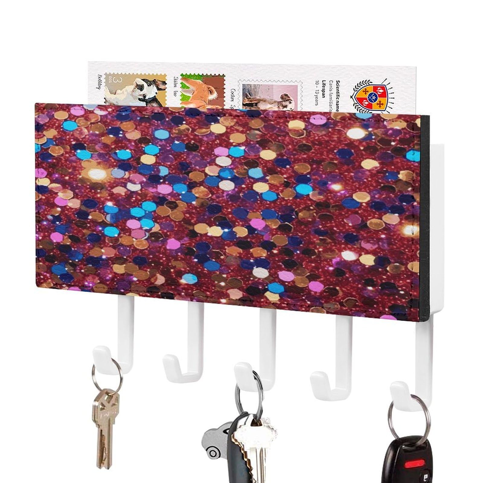 JTREHY Glitter Pattern Key Holder Wall Mount Decorative Key and Mail Holder PU Leather Adhesive Key Organizer Hanging Key Hooks Wall Shelf with 5 Hooks for Entryway Hallway Office