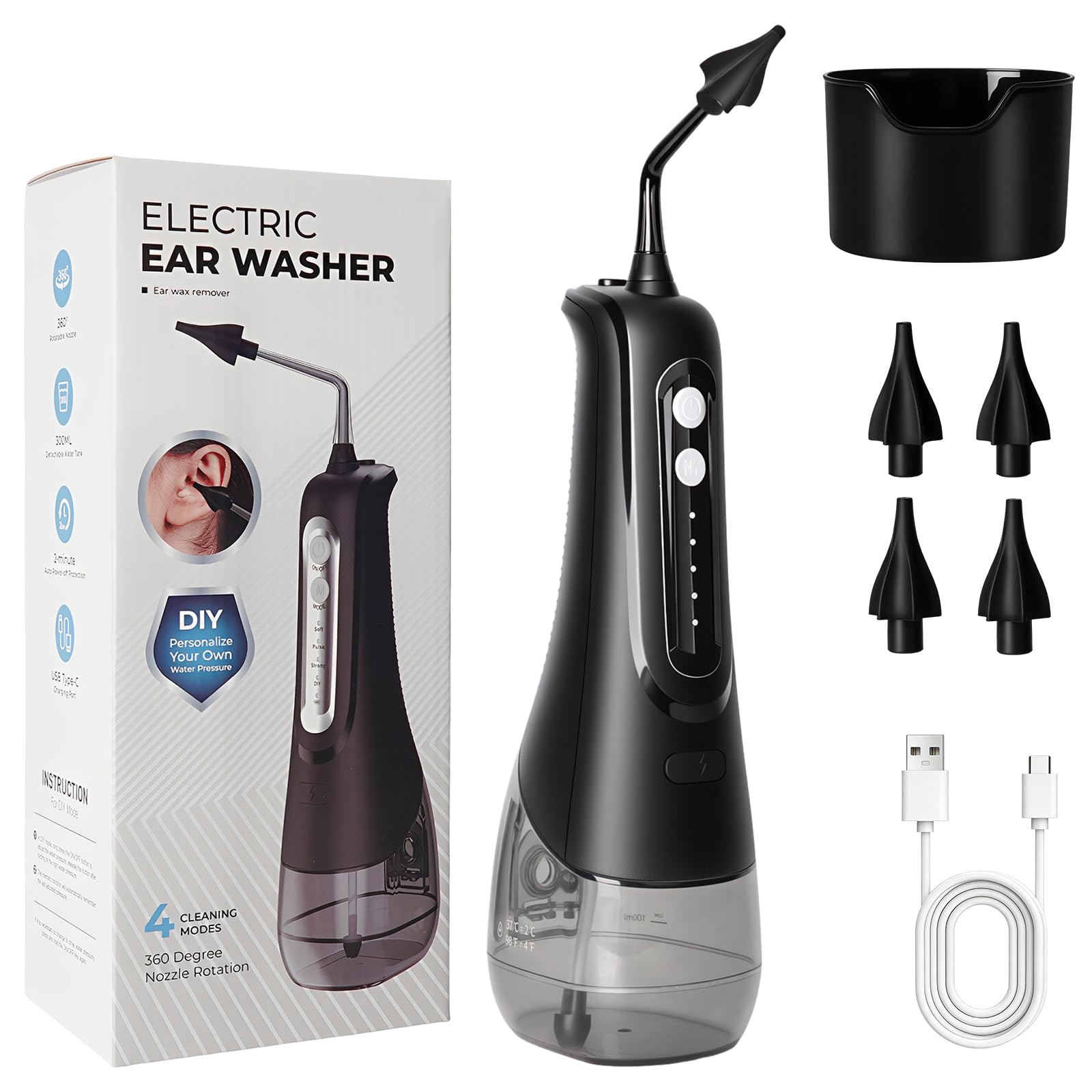 Nettoyeur d'oreille électrique avec 4 modes de pression, étanche IPX7, douche d'oreille avec 4 buses, rinçage des oreilles pour usage domestique, nettoyant auriculaire pour enfants adultes, noir