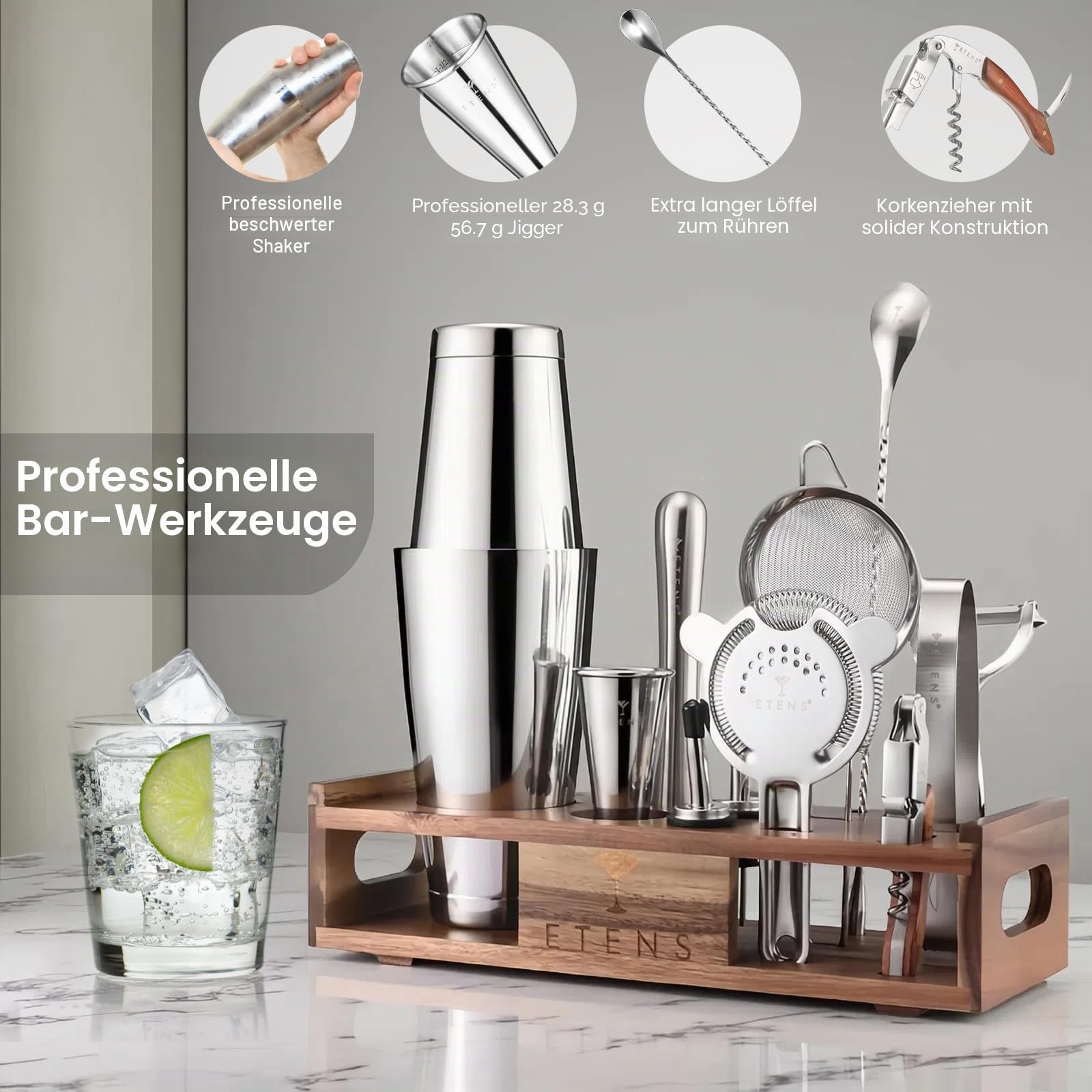 Etens 15-teiliges Barkeeper Set mit Holzständer – Edelstahl Boston Cocktail Shaker Set mit Messbecher, Sieben, Stößel & Bar Zubehör – Profi-Mixologie Cocktail Set Geschenk für Zuhause & Bar