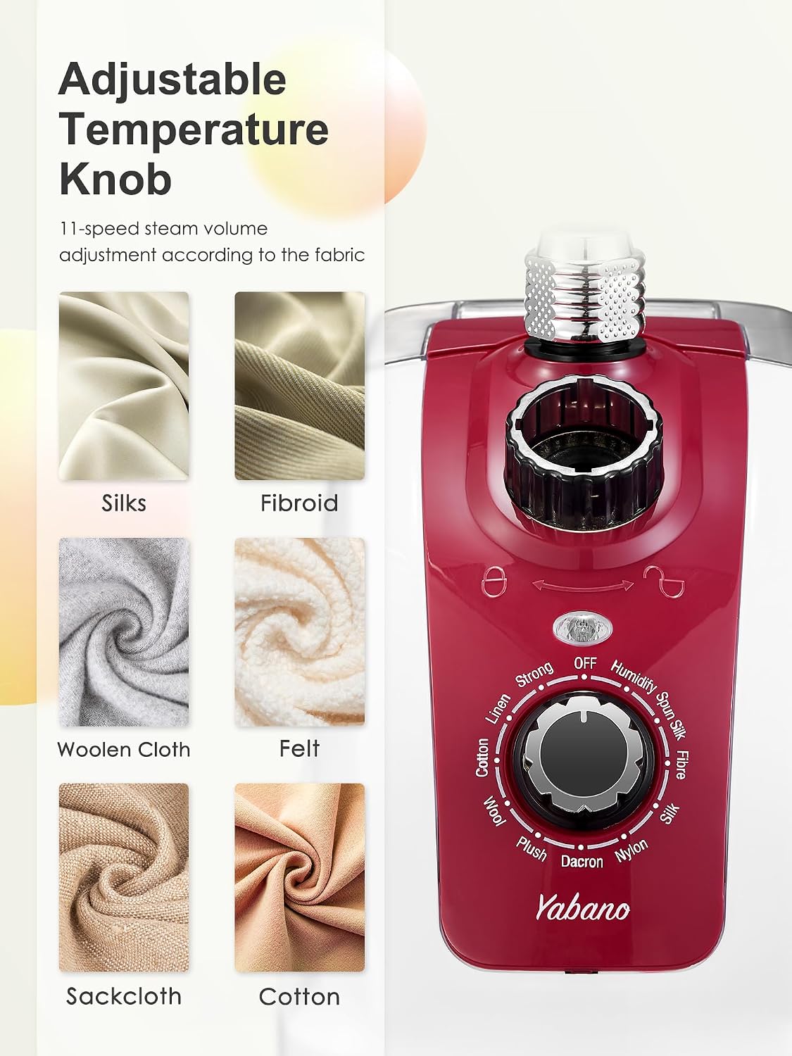 Close-up of the steamer's control knob, showing 11 different steam settings for various fabric types like Silk, Fibroid, Woolen Cloth, Felt, Sackscloth, and Cotton.