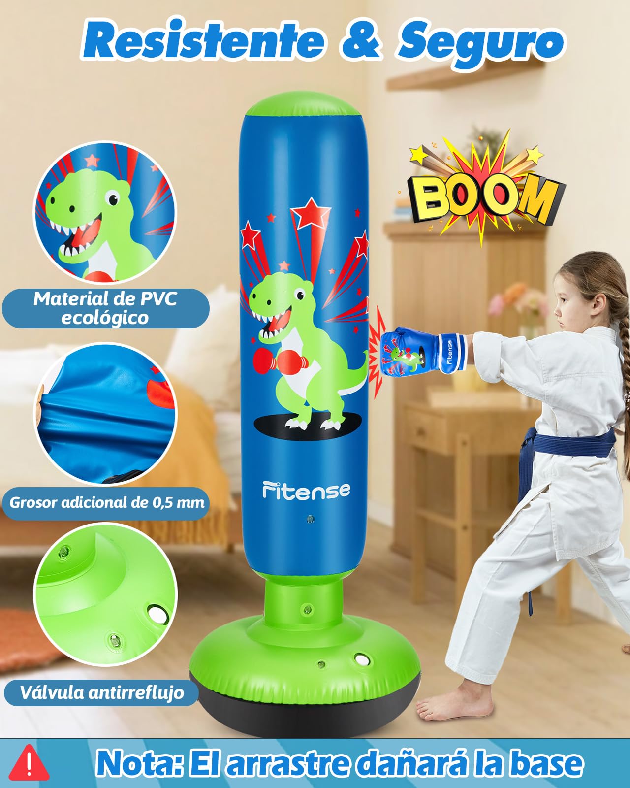 Fitense Saco de Boxeo Niños, 120cm Boxeo Saco Inflable con Guantes de Boxeo y Bomba, Punching Ball Estable para 3 a 8 Años, Set Saco de Boxeo de Pie Dinosaurio para Práctica de Karate, Taekwondo, MMA