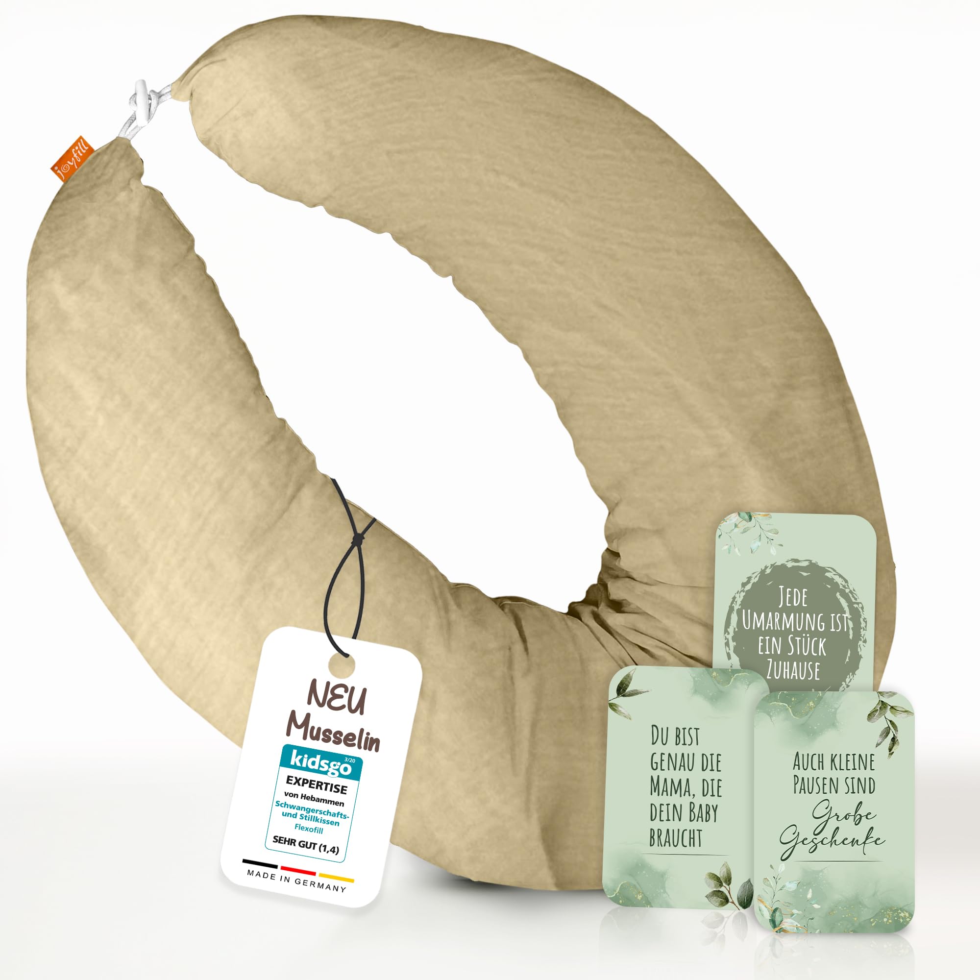joyfill Stillkissen I Von Hebammen Getestet I XXL Schwangerschaftskissen & Seitenschläferkissen I Lagerungskissen Baby & Schlafkissen für Schwangere I Flüsterleise Füllung (Musselin Olive, 170 cm)