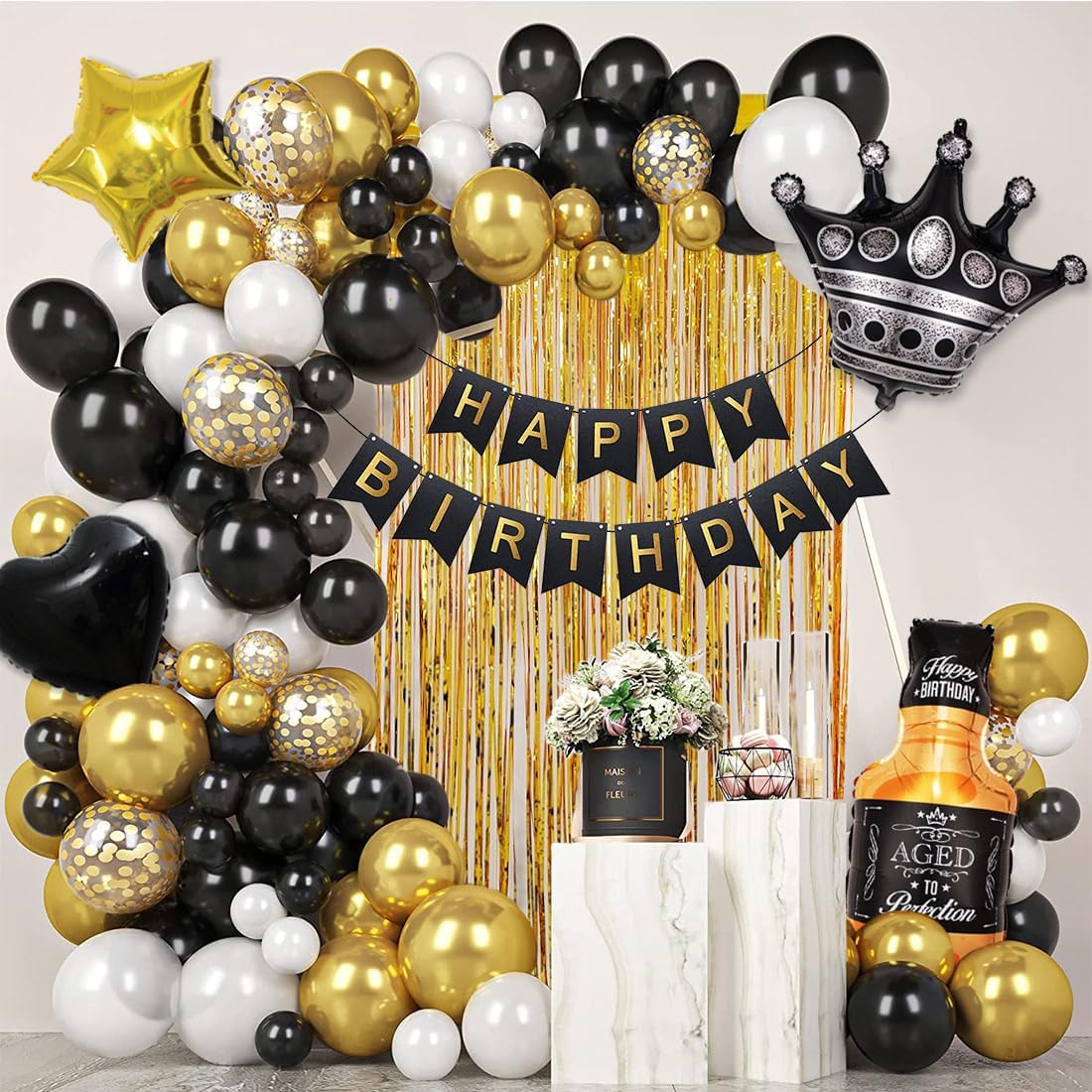 Black and Gold Birthday Decorations for Men Women with Happy Bithday Banner, Curtains, Bottle, Crown, Heart Star Balloons and LED light for Black and gold Party Decorations (Black-gold) - Image 7