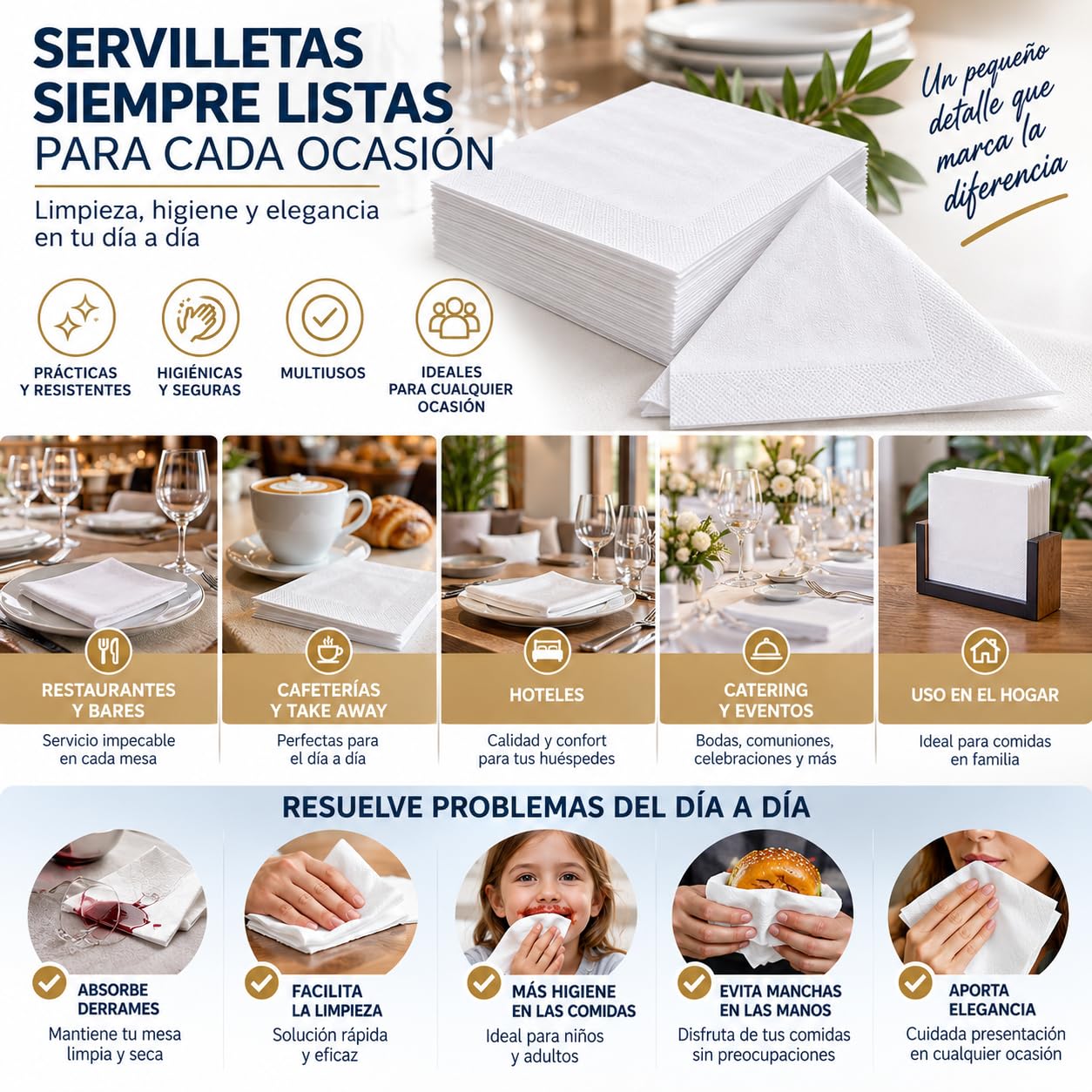 Servilletas de Papel 40x40 Blancas - 2 Capas 100% Celulosa - Plegado 1/4 - Uso Profesional Hostelería, Restaurantes y Eventos