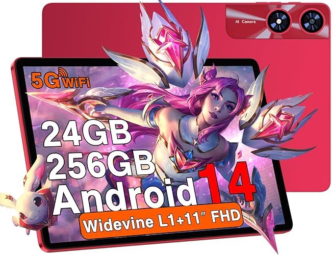 UJJ Tablet 11 inch Android 14 Tablets, 24GB+256GB+1TB Expand, Android Tablet with 8000mAh, Octa-Core, 13MP+5MP Camera, IPS Touchscreen, 5G WiFi, BT5.0, Widevine L1, GPS - Metal Red - Red