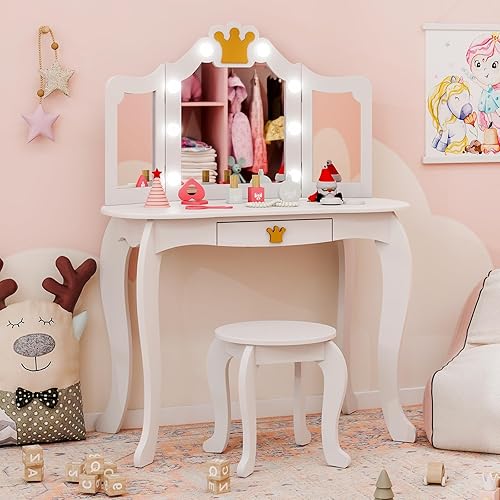 Miniatura 25 de Costzon Juego de mesa y silla para niños, tocador de maquillaje de princesa con cajón y espejo de tres pliegues, juego de tocador 2 en 1 con parte