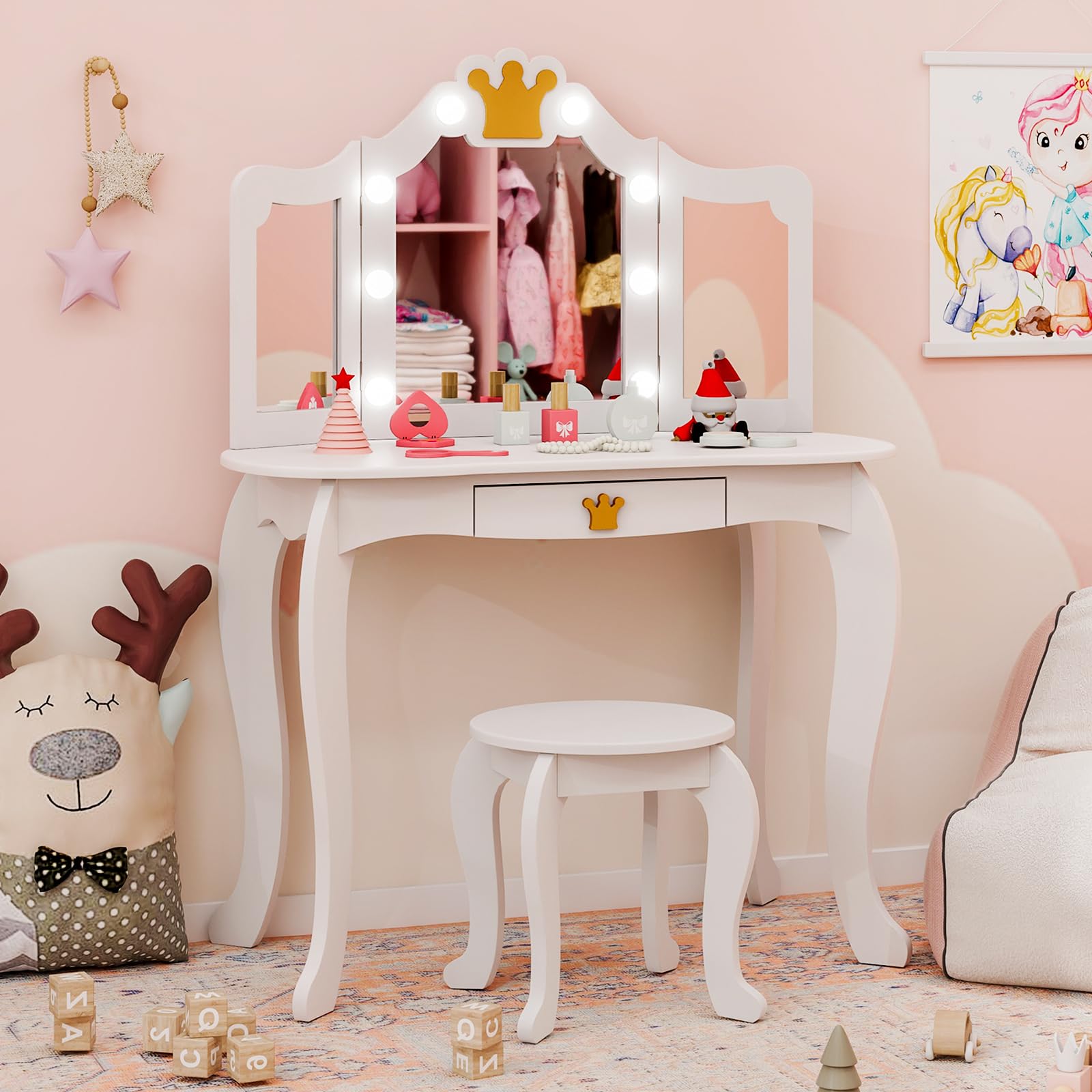 KOTEK Kids Vanity with Lights, Crown Girls Vanity Set w/Tri-Folding Mirror, Detachable Top, Stool &amp; Drawer, Wooden Toddler Makeup Dressing Table, Kids Vanity Table and Chair Set (White)