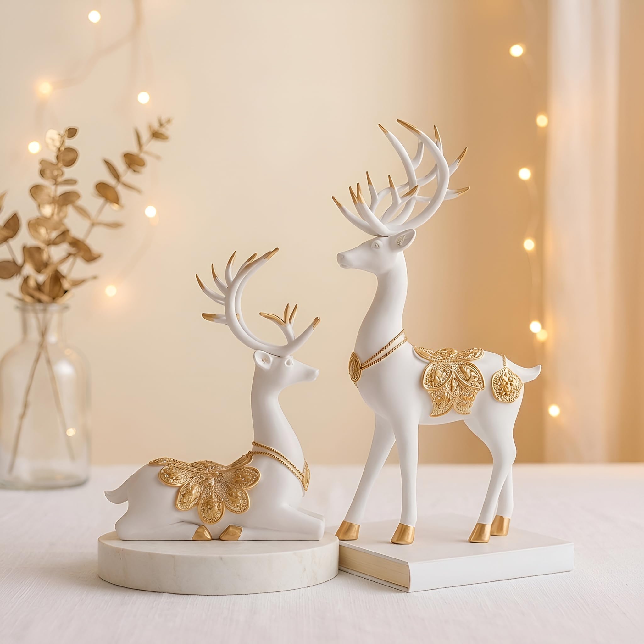 Xtore Creative Resin Golden and White Reindeer Sculptures | Beautiful Home Decor | Lifts up Energy of Your Room (Pack of 2, White)