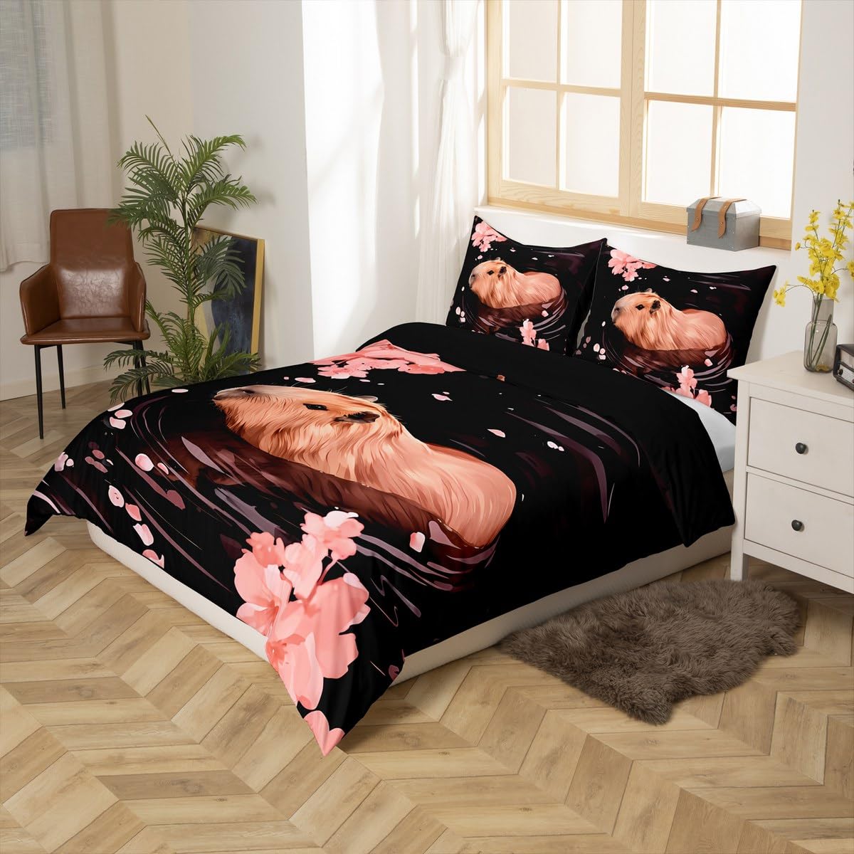 jejeloiu Kids Capybara Comforter Cover Toddler Japanese Cherry Blossoms Flowers Bedding Set for Boys Girls Teens Kawaii Swimming Animal Duvet Cover Room Decor?No Comforter