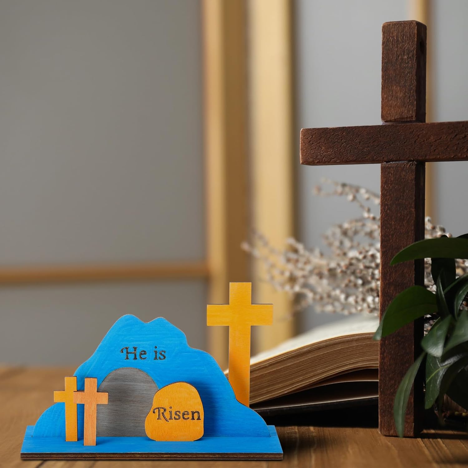 Blueweenly 24 Set Easter He is Risen DIY Wooden Crafts Kit for Kids Religious Easter Jesus Tomb Crafts Crosses for Bible Sunday School Art Party Decoration Birthday Gift Classroom Party Games