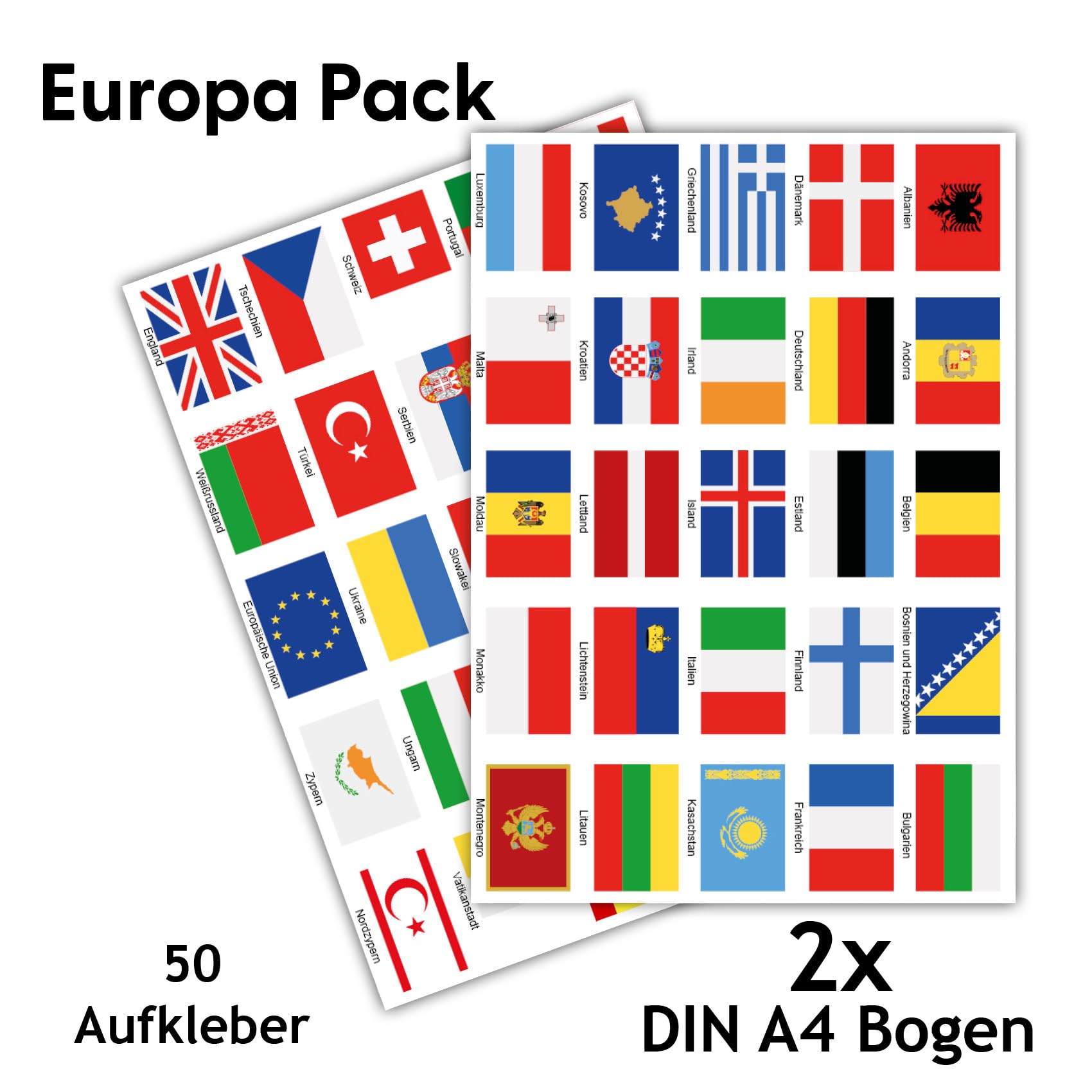 50 Länderfahnen Flaggen Set auf 2 Din A4 Bögen jede Fahne 4,9x3,3cm Aufkleber Sticker für Modellbau Fahrrad Auto Motorrad Deko Länder R108 (Europa)