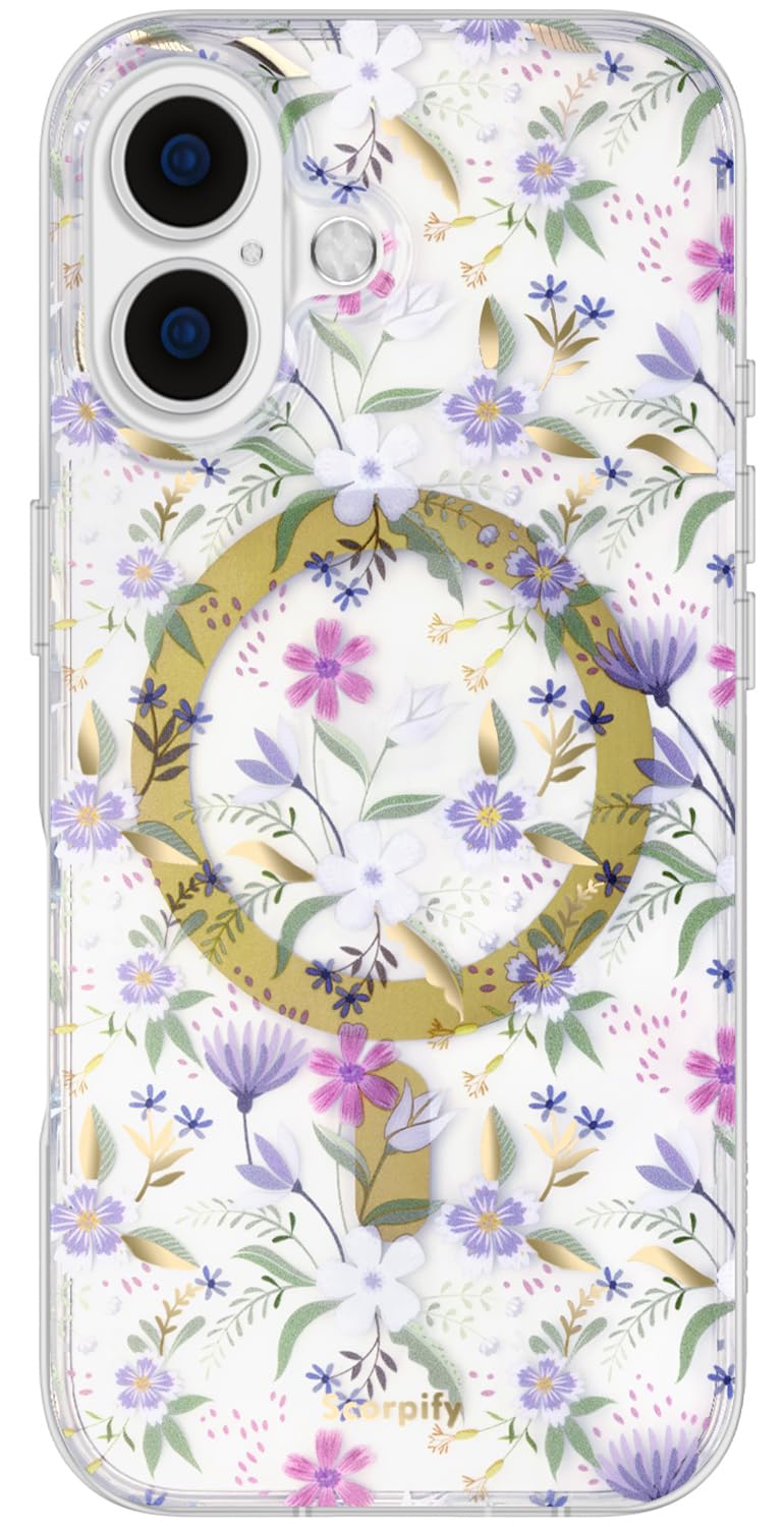 SCORPIFY for iPhone 17 Case [Compatible with MagSafe] with Purple Cherry Floral Design, Cute Clear Flower Magnetic Phone Cover for Women Girls, [Non Yellowing] Slim Bumper with Gold Accents