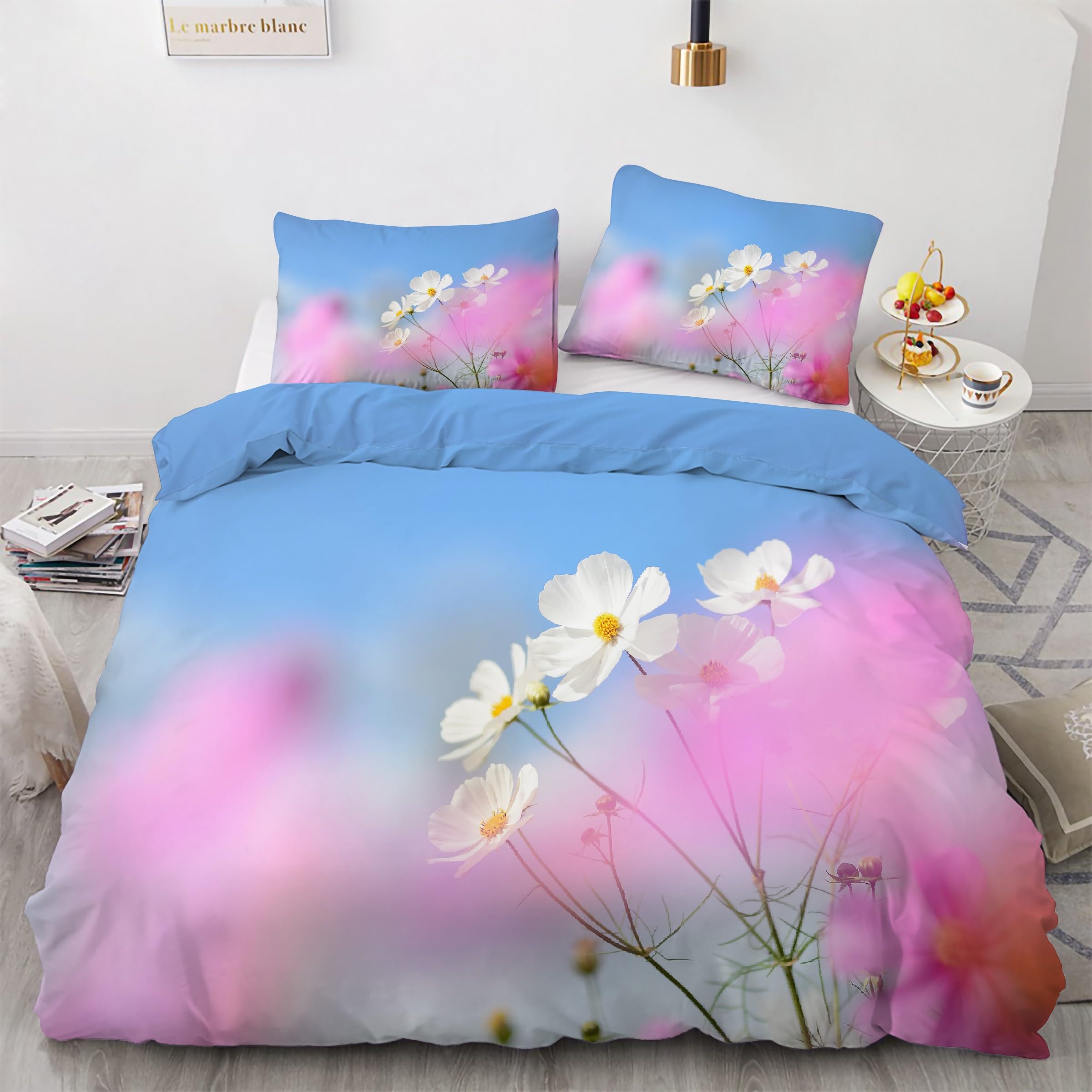 Parure de lit 90x190 fleurs microfibre douce avec fermeture éclair pratique pour couette