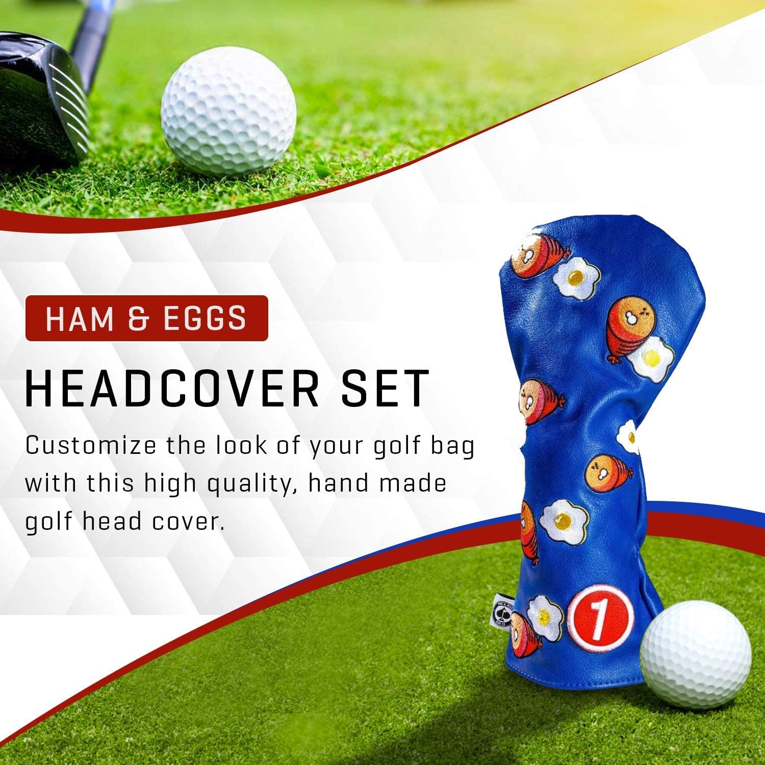 Pins & Aces Golf Co. Ham & Eggs Housse en cuir de qualité supérieure faite à la main pour club de golf 3 W Motif parcours