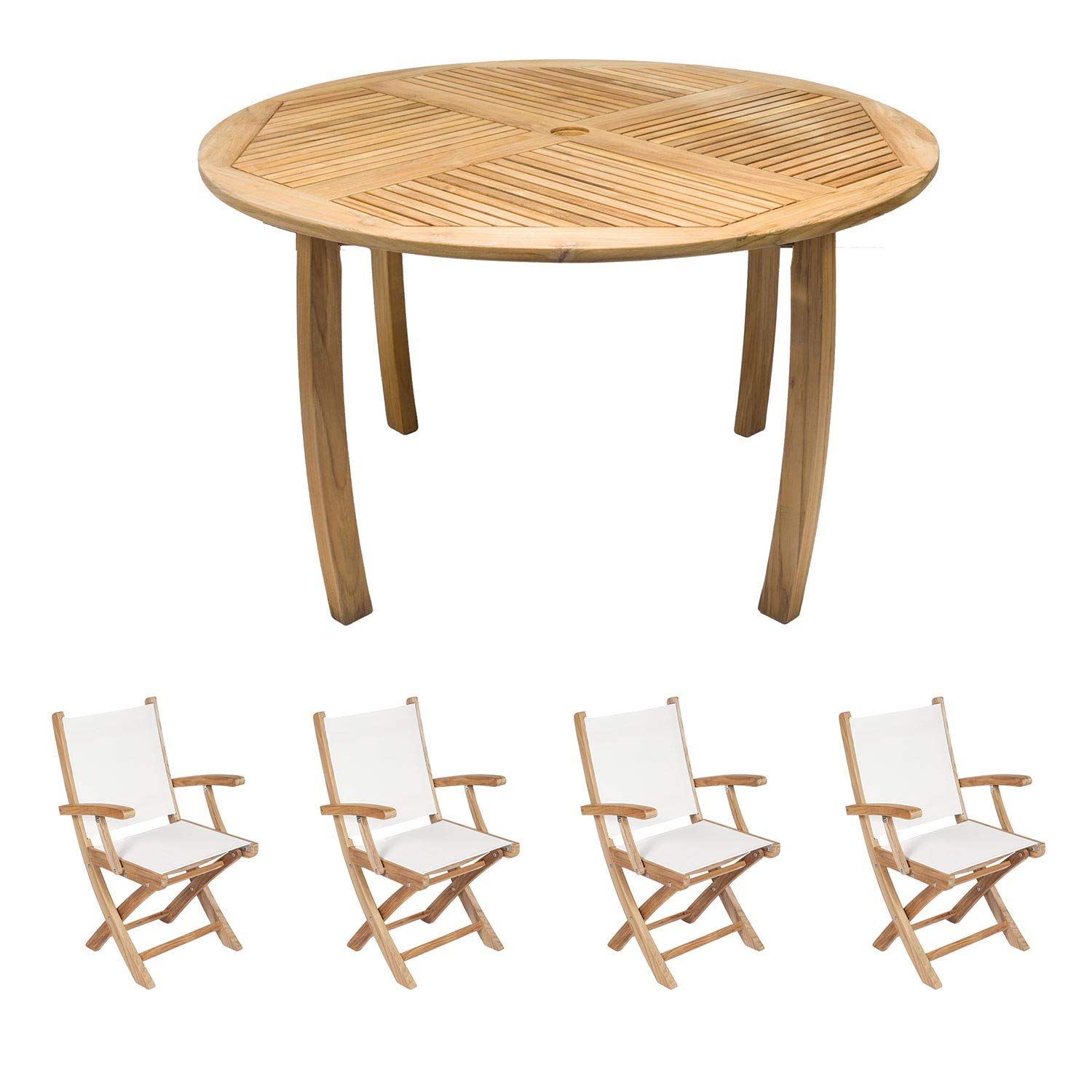 5-Piece Teak Patio Dining Set with 50-Inch Dolphin Round Table & Sailmate Sling Folding Arm Chairs (P49WH), White Sling