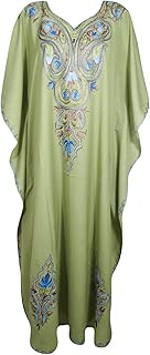 Indiatrendzs Womens Casual Loose Kaftan Dress Hand Embroidered Green Resort Wear 2X