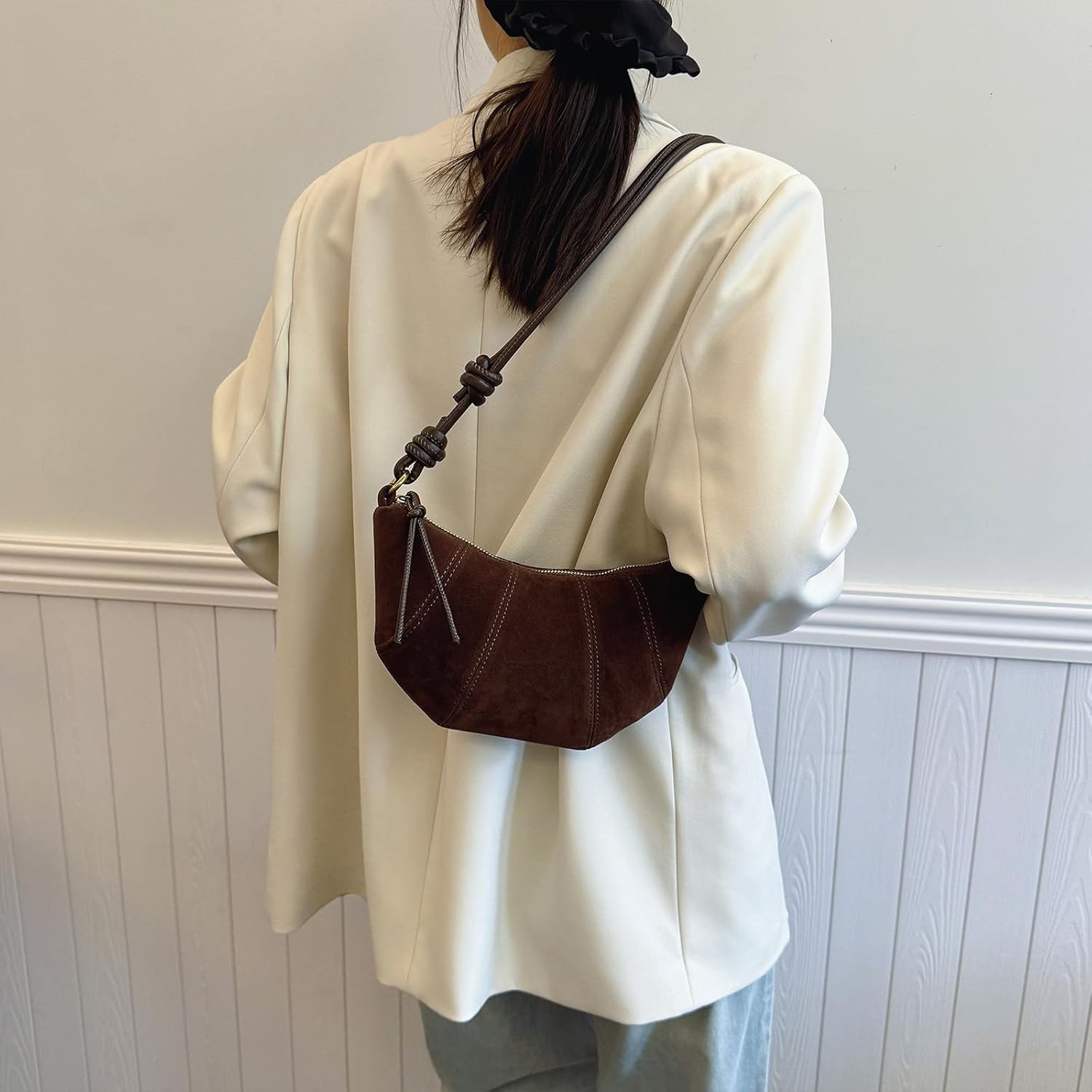 Small Crescent Genuine Suede Leather Crossbody Bag Shoulder Tote Handbag Trendy Purse for Women Gift Idea - Image 3