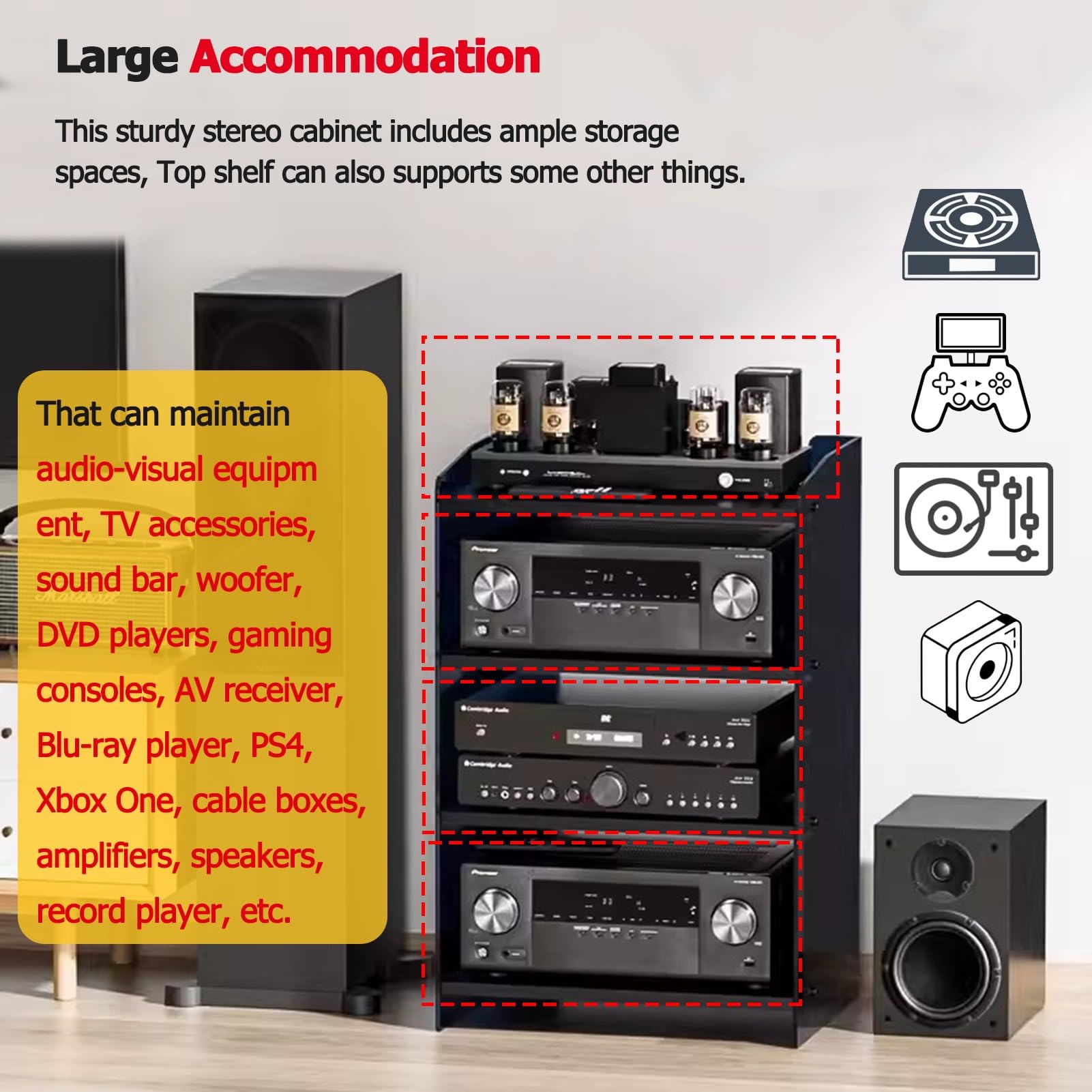 regał audio, 24 32-calowy wysoki stojak audio stereo Stojak na media, nowoczesne komponenty CabinetRack Półka do montażu wieży, z regulowanymi półkami(Style3,52.2x40x60.6cm/20.6x15.7x24inch)