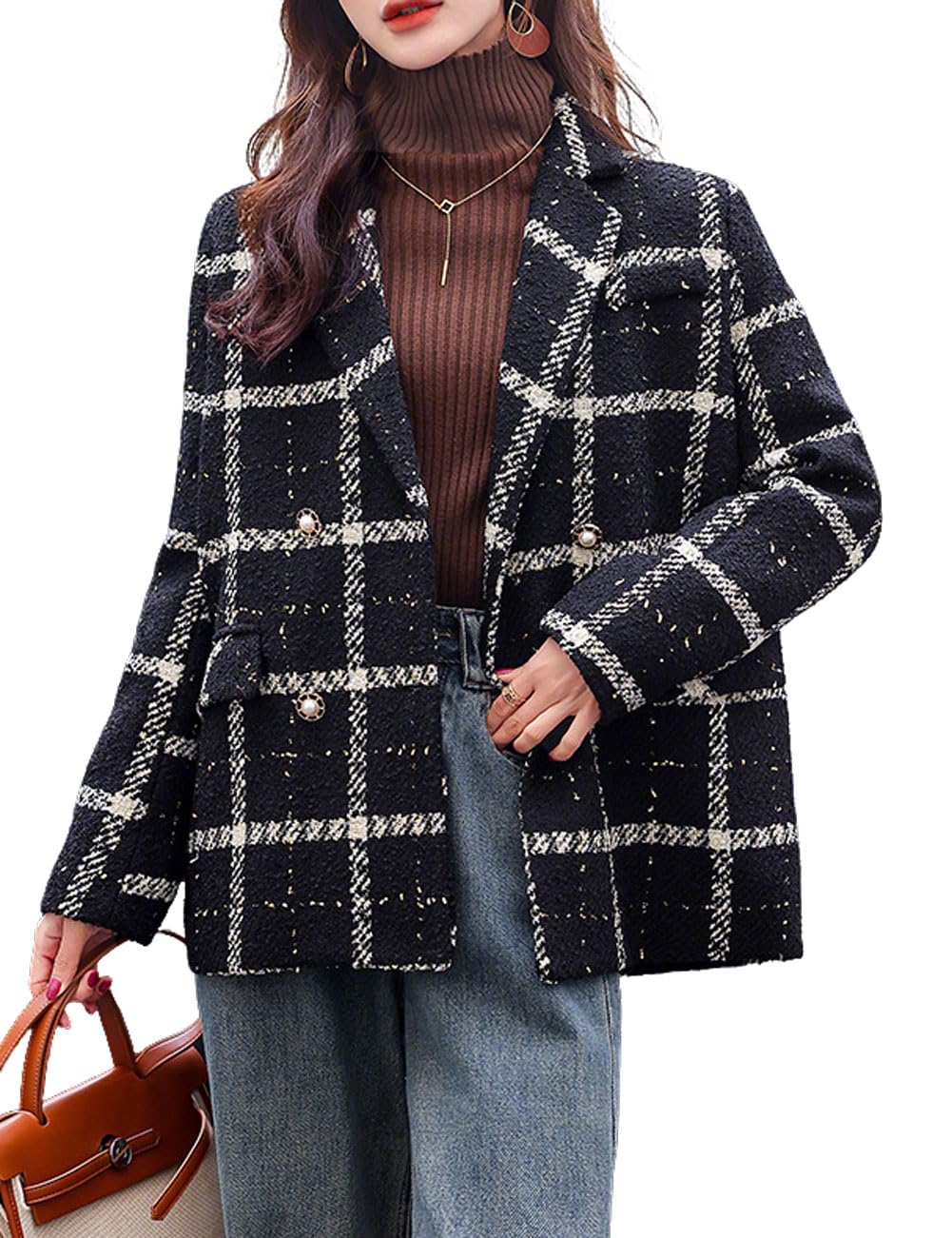 CHARTOU Women Plaid Tweed Blazers Dressy Short Casual Double Breast Coats Fall Business Work Jacket