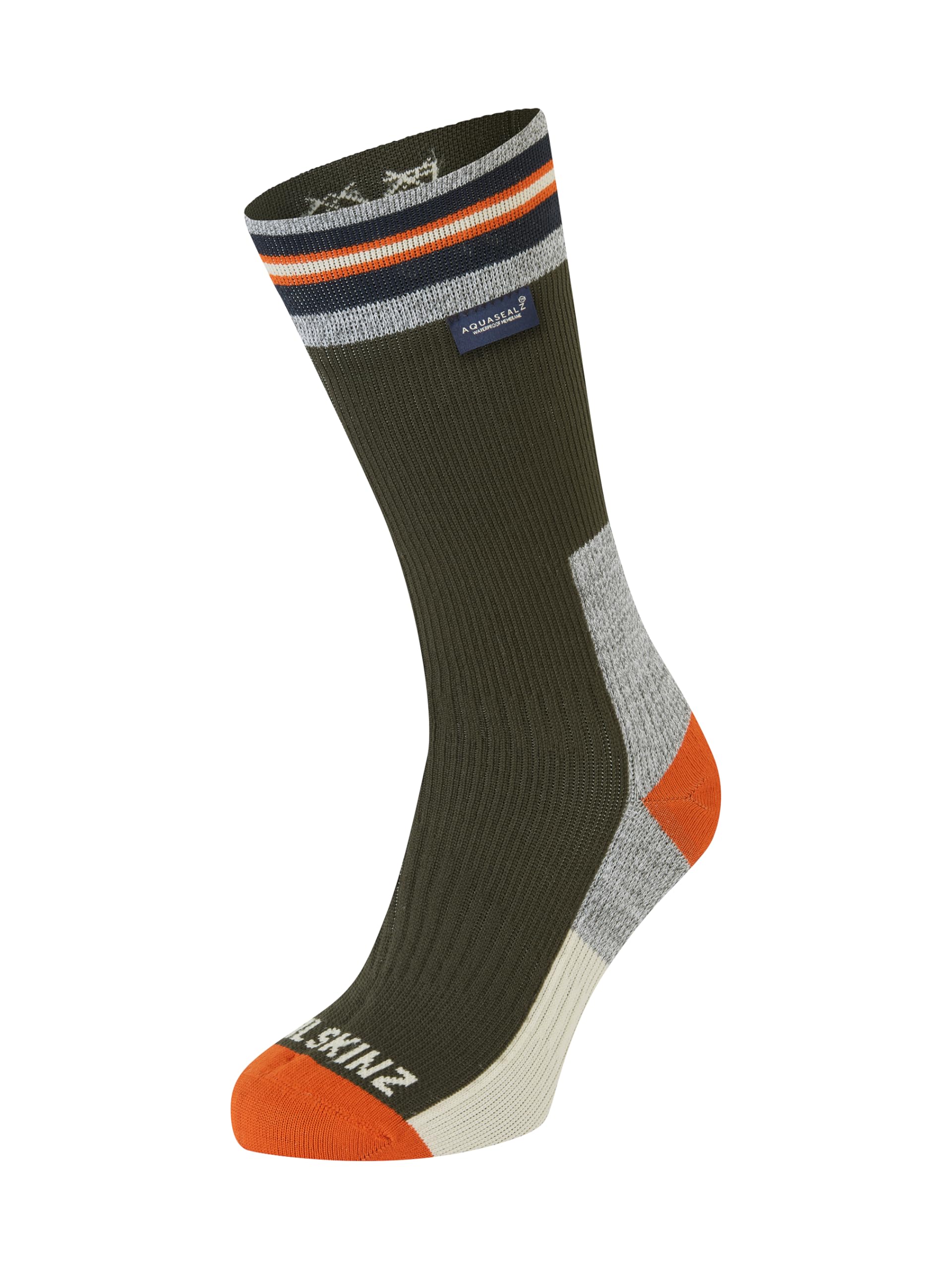 SEALSKINZ Surlingham Waterproof All Weather Mid Length Striped Cuff Sock, Olive, S