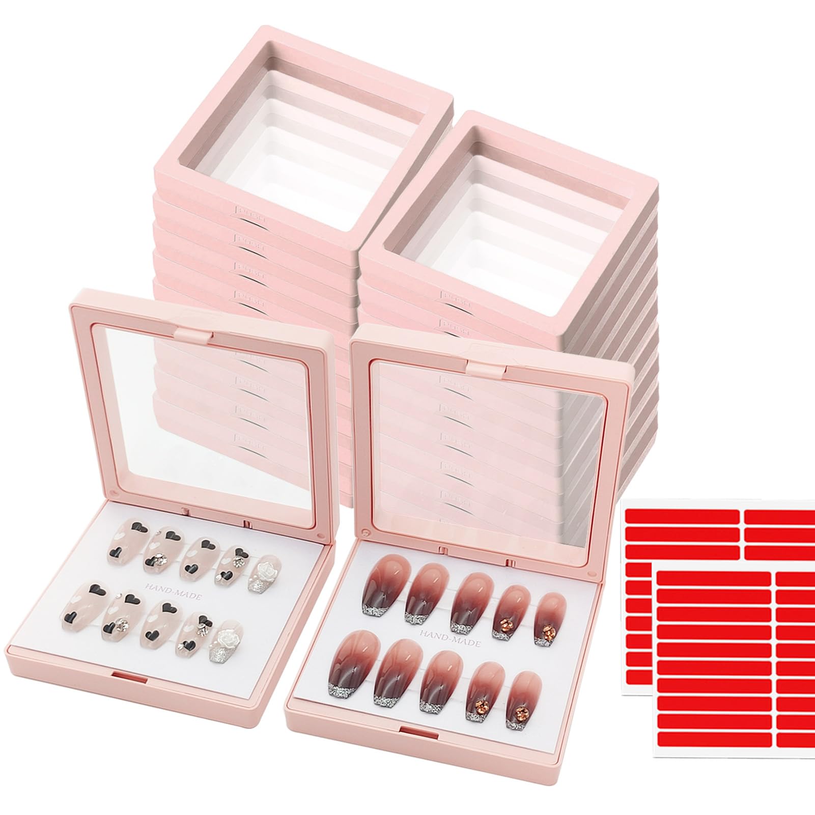 GUXACU Press On Nail Packaging Boxes - 3D Floating Storage and Display Box With 60pcs Double Sided Adhesive Tape for Nail Tech (Pink, 3.5 Inch)