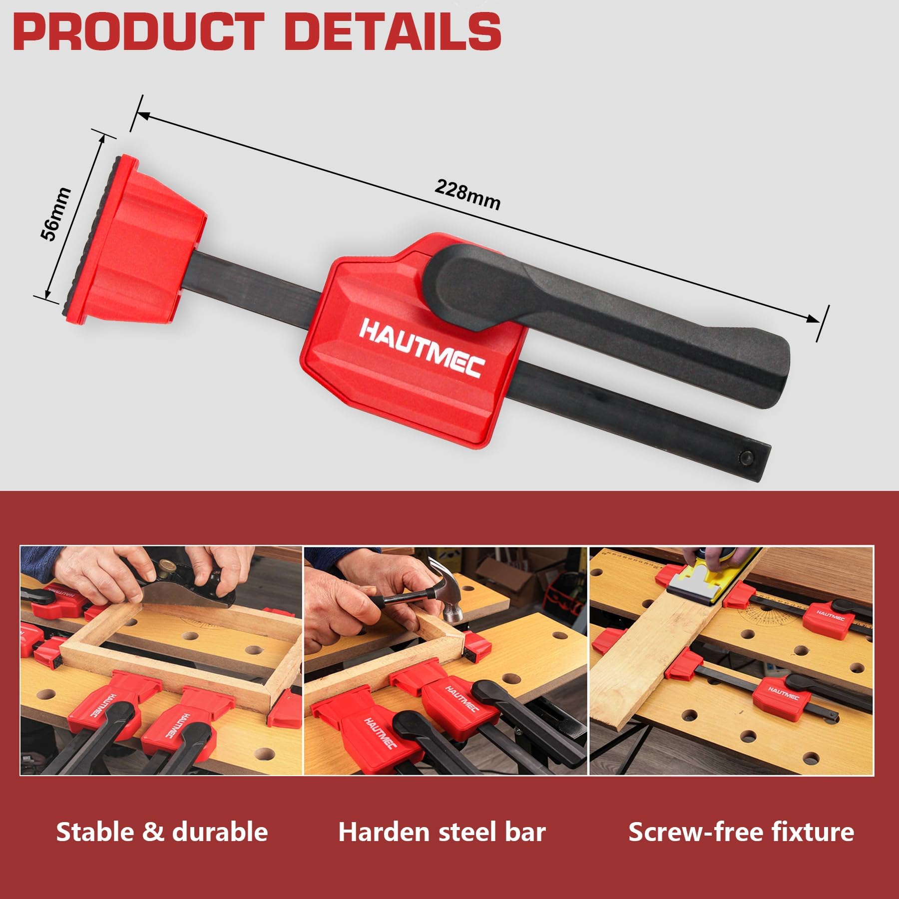 HAUTMEC Bench Dog Clamp, Quick-Release Hold Down Clamps for 19mm (3/4") Dog Holes, 170 Lbs Clamping Force - Image 2