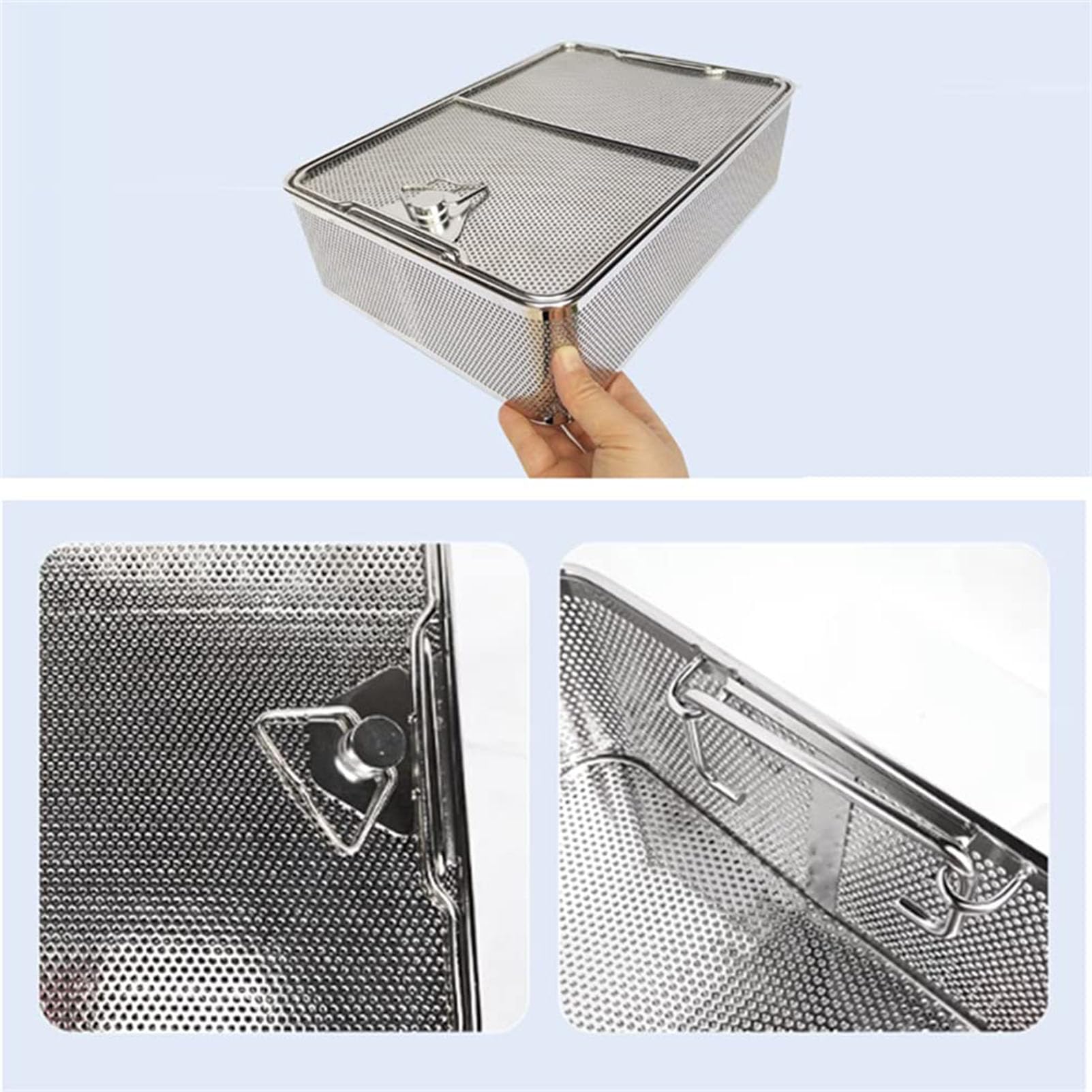 Cestello per sterilizzazione in acciaio inossidabile con coperchio vassoio per pulizia ad ultrasuoni per strumenti oftalmici Design a rete per una sterilizzazione efficace e una conservazione sicura