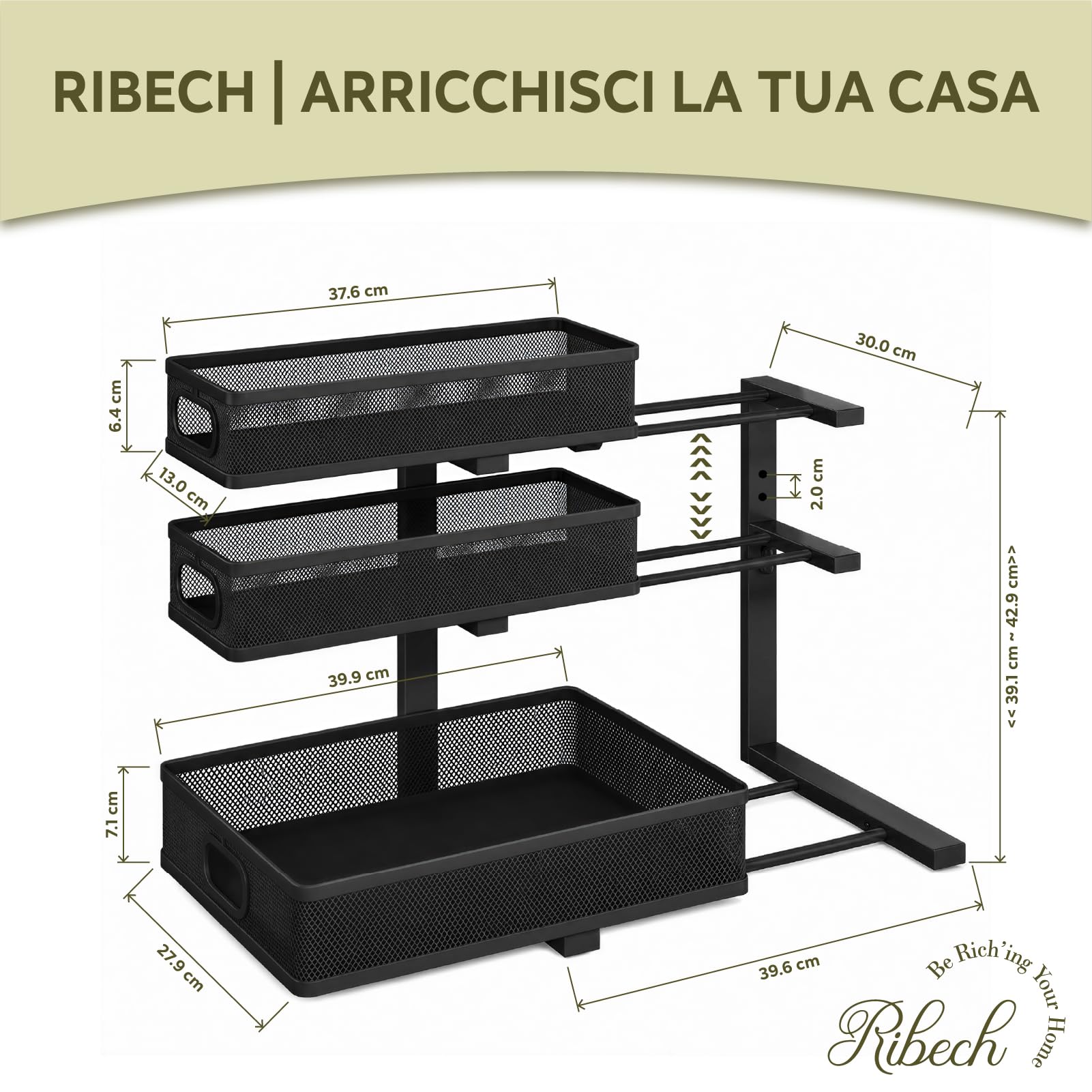 Organizzatore Estraibile 3 Livelli, Altezza regolabile, Acciaio Carbonio Cassetti Rete, Scaffale Sottolavello Cucina, Bagno, Dispensa (Antiscivolo)