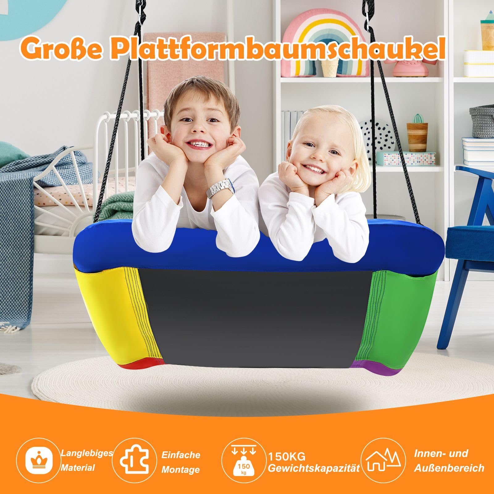 COSTWAY Nestschaukel bis 150kg belastbar, 120-180cm verstellbares Seil, Hängeschaukel Baumschaukel, Gartenschaukel für Kinder & Erwachsene