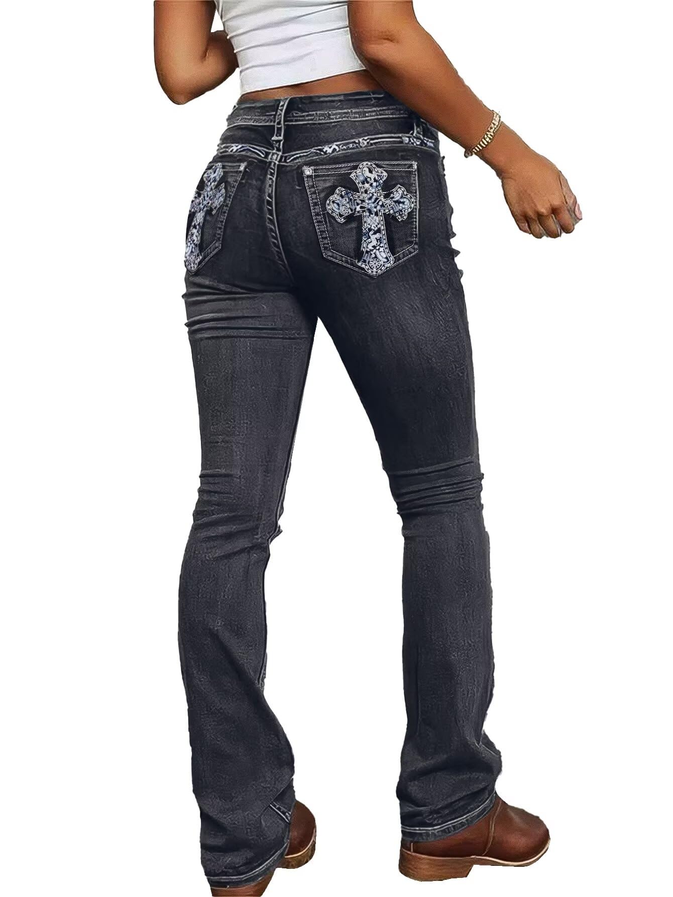 Embroidered Bootcut Jeans for Women Mid Rise Stretchy Criss Cross Graphic Curvy Bell Bottom Jeans