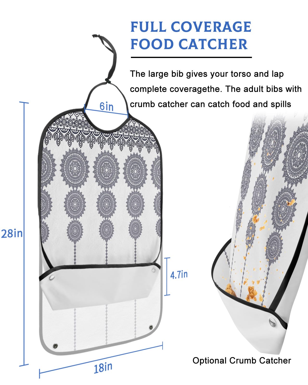 Boho Black Flower Adult Bibs for Eating, Waterproof Bibs with Food Catcher & Adjustable Snap Closure, Modern Geometric Abstract Art Washable Clothing Protectors Adult Bibs for Elderly Women/Men