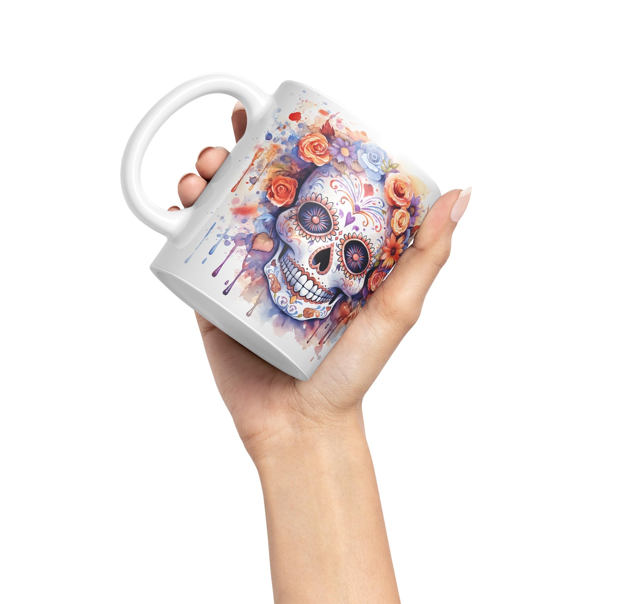 Vixar Sugar Skull and Roses Ceramic Coloured Mug Cup for Tea Coffee Hot Brew 330ml 11Oz Gift sk5 (White) - Image 3