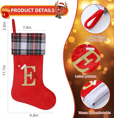 Miniatura 20 de Calcetines de Navidad personalizados con monograma inicial, adornos colgantes, medias clásicas de cuadros rojos de 19 pulgadas, decoraciones