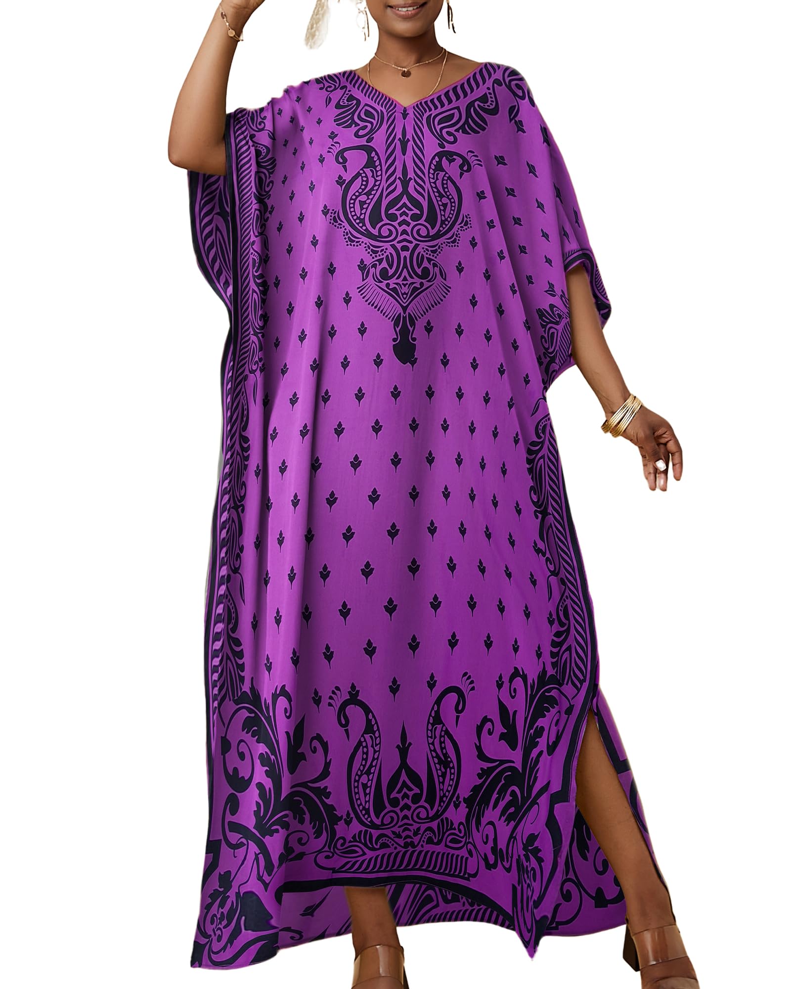 Bsubseach Ethnic Kaftan Dresses for Women Plus Size Beach Coverup Short Sleeve Beach Dress Caftan Loungewear