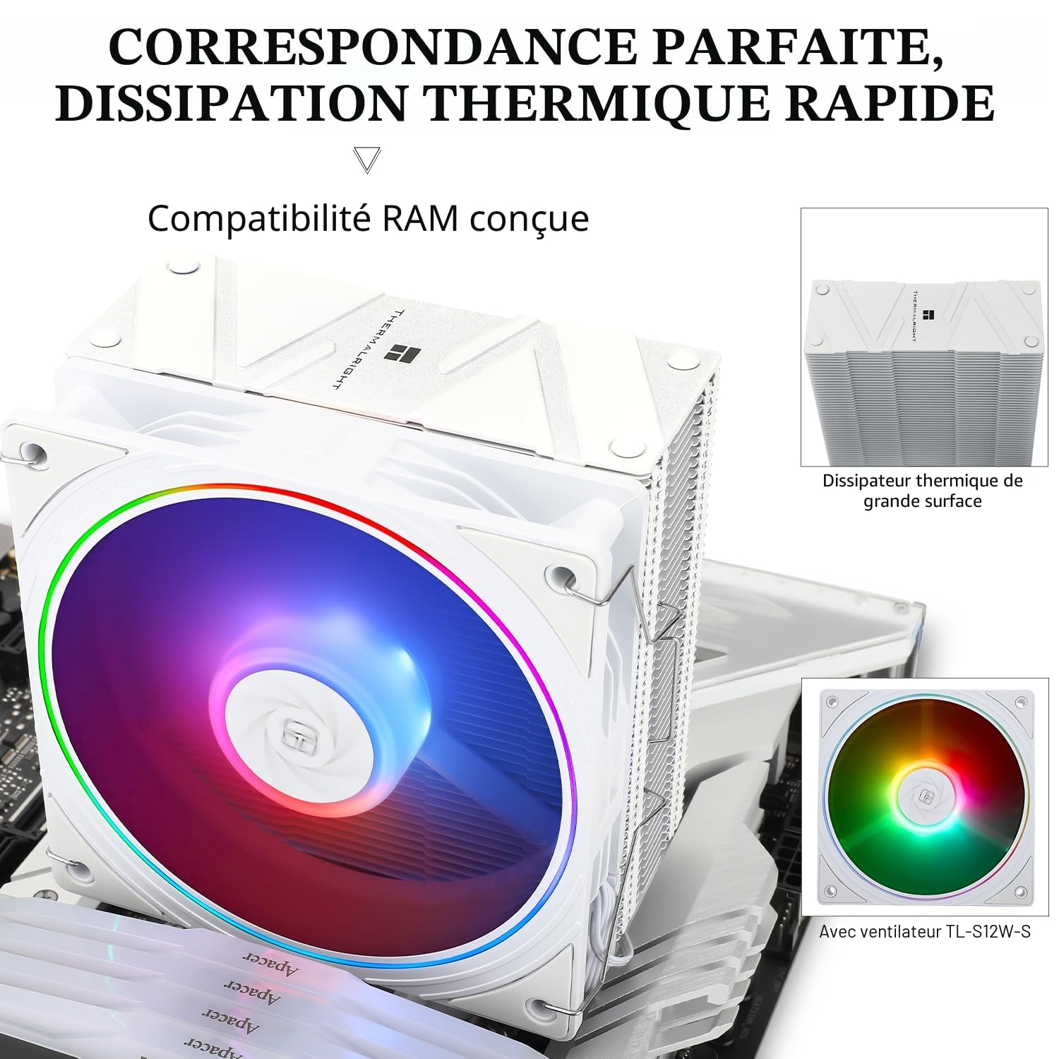 Thermalright Assassin Spirit 120 EVO Refroidisseur de processeur ARGB blanc, 4 caloducs, avec ventilateur TL-S12W-S PWM silencieux, compatibilité AMD, AM4, AM5, Intel 1700, 1150, 1151, 1200