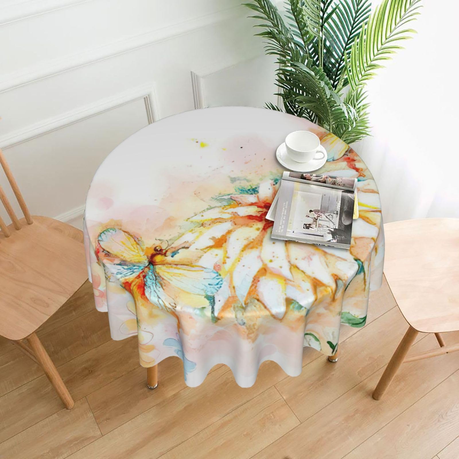 Zcmkjlg Flying Dragonflies Lily Flower Print Quick Ship Round Tablecloth 60in Polyester Washable Cover for Dining Room