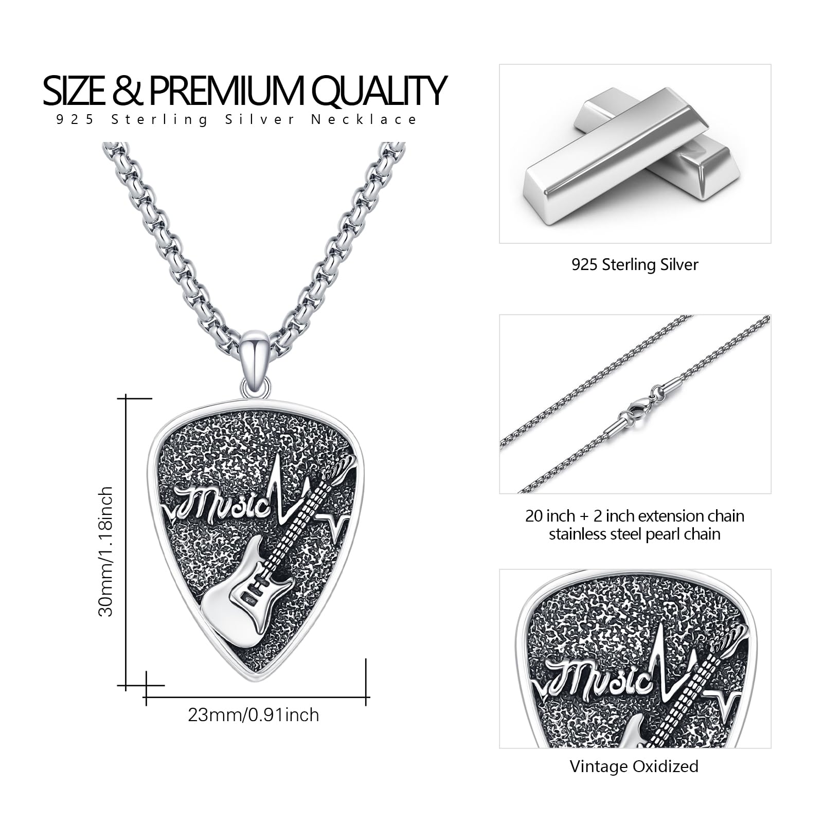 OHAYOO Ciondolo a forma di plettro in argento Sterling per uomo, gioiello rock ispirato alla musica, regalo per chitarristi e amanti della musica