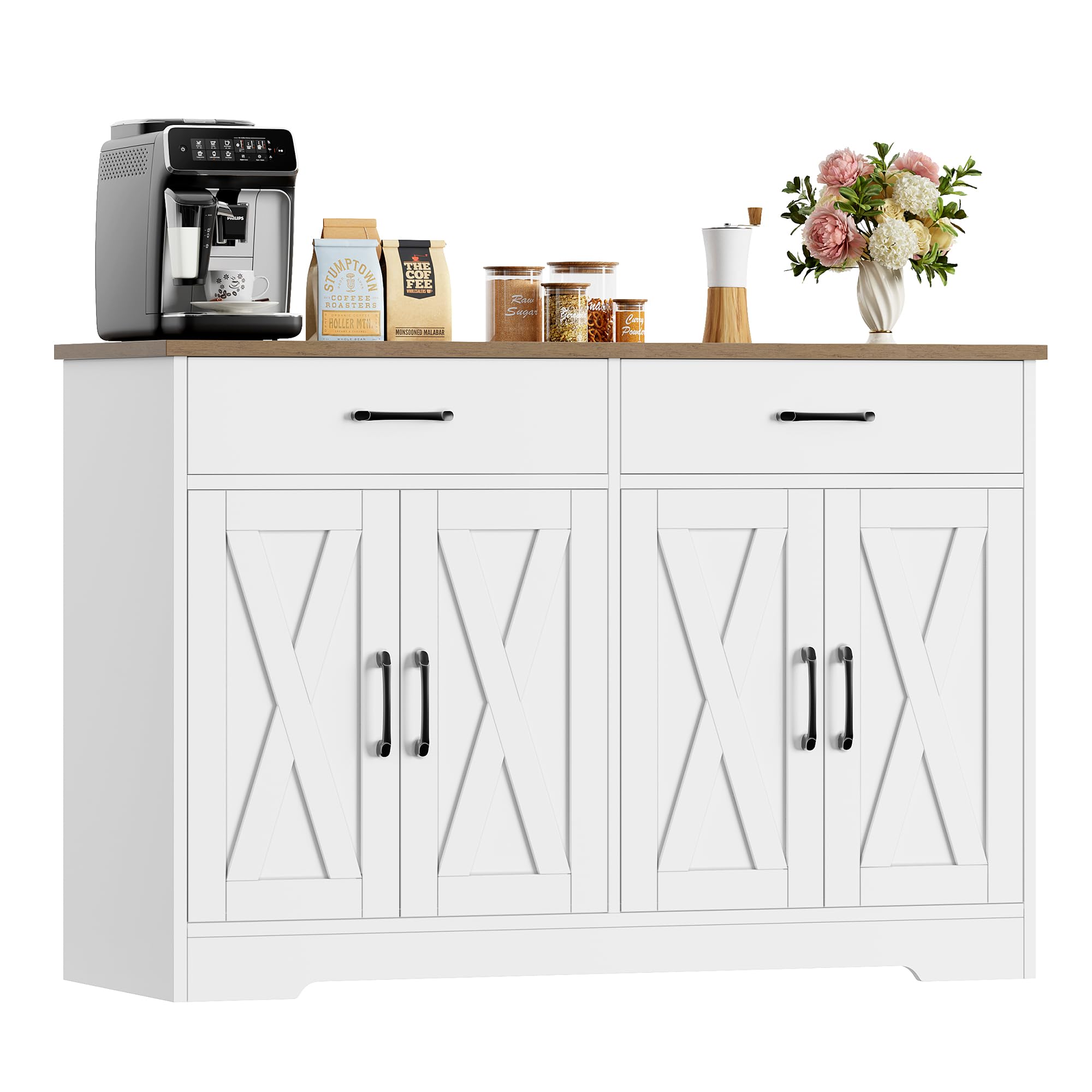 HOCSOK Aparador de 120 cm de Ancho, Armario de Cocina con encimeras, Armario de Cocina Buffet con 2 cajones y 4 Puertas, salón, Cocina, Pasillo (Blanco y Marrón)