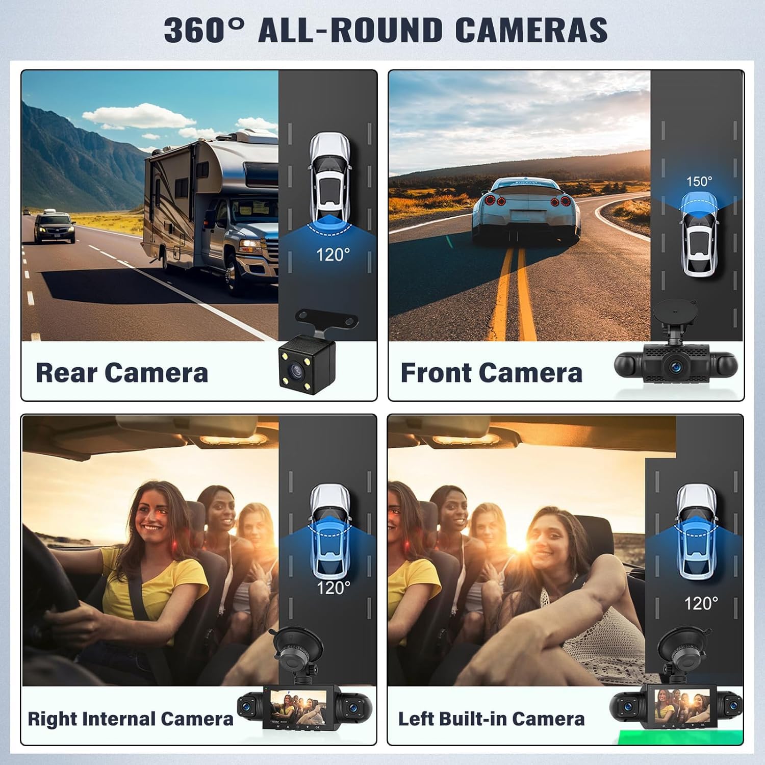 1080P Kamera samochodowa z 4 kamerami 360° Ekran IPS 3″ Widzenie nocne Monitorowanie podczas postoju Czujnik G Uniwersalna instalacja