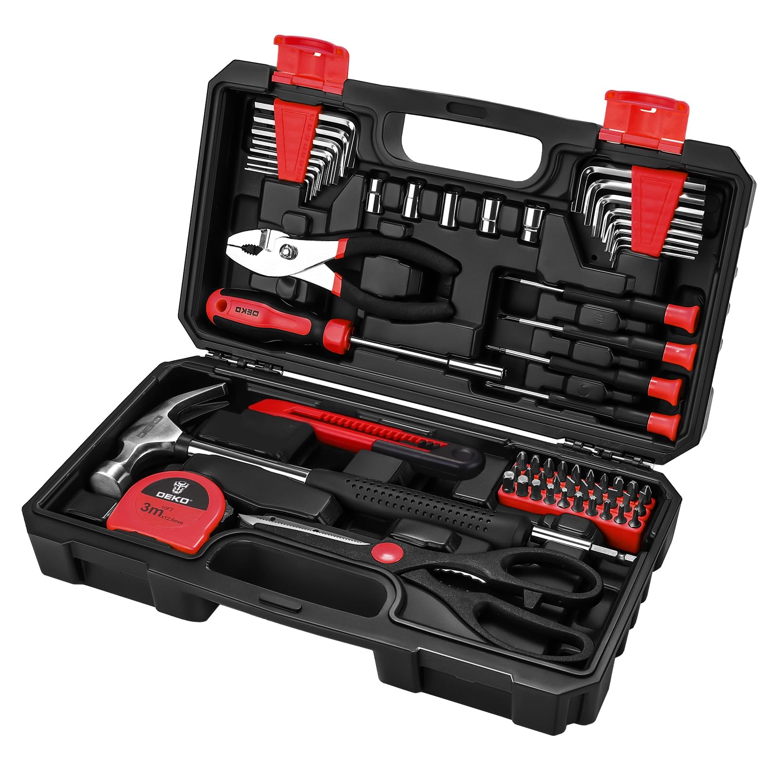 DEKOPRO Juego de 62 Herramientas Manuales, Caja de Herramientas Pequeña y Portátil, para hogar, oficina, bricolaje y reparaciones, Rojo