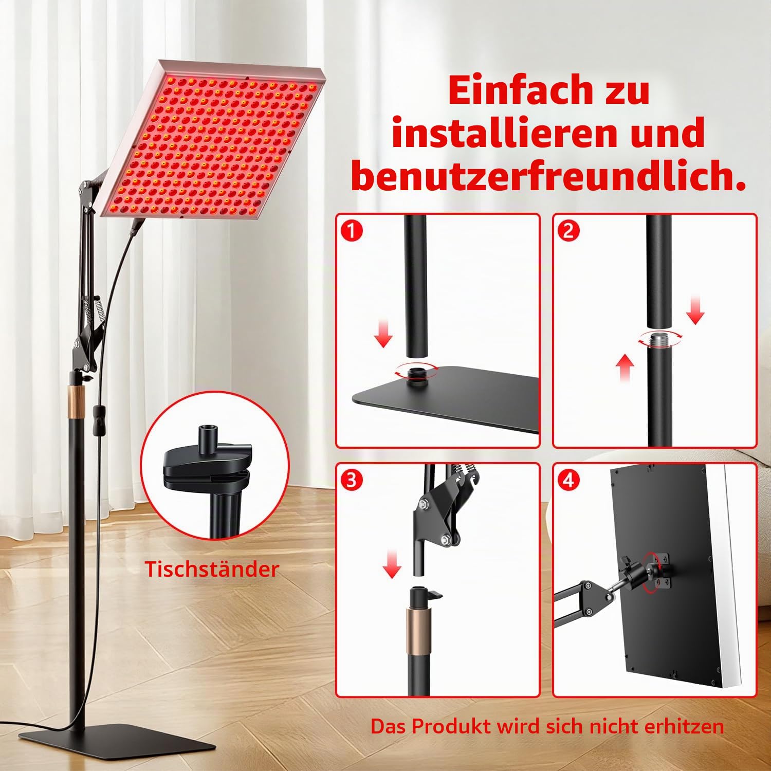 Rotlichtlampe, Infrarot-Körper- und Gesichtsbehandlungslampe, 225-LED-Rotlicht-Therapielampe, 660 nm & 850 nm Infrarot-Panel Lampe, Rotlicht-Therapie-Entspannungsgerät, mit verstellbarem Ständer