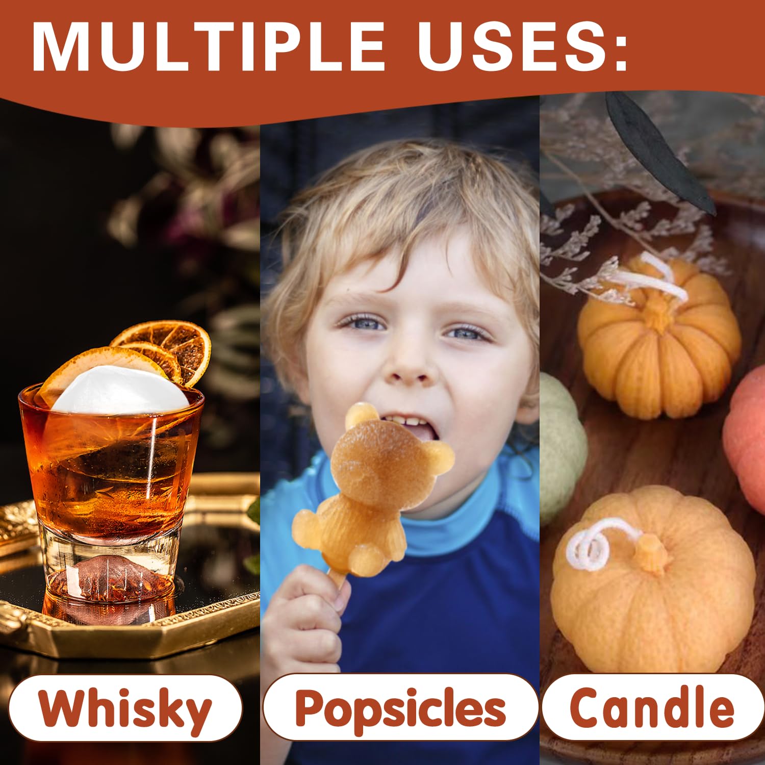Moldes grandes para cubitos de hielo, moldes de silicona 3D, moldes multifuncionales para cubitos de hielo bourbon, moldes para velas, moldes de paletas, oso, calabaza, diamante, molde de cubo