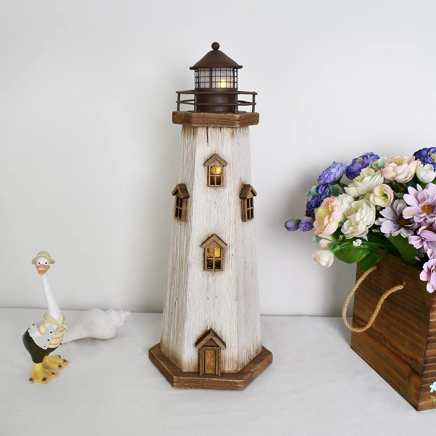 Morning View Lighthouse Decor Nautical Decoration Lighted Wood Light House Figurine Beach House Coastal Decor Table Ocean Seaside Theme Home Decor Lake House Bathroom Shelf Centerpiece 16" (White)