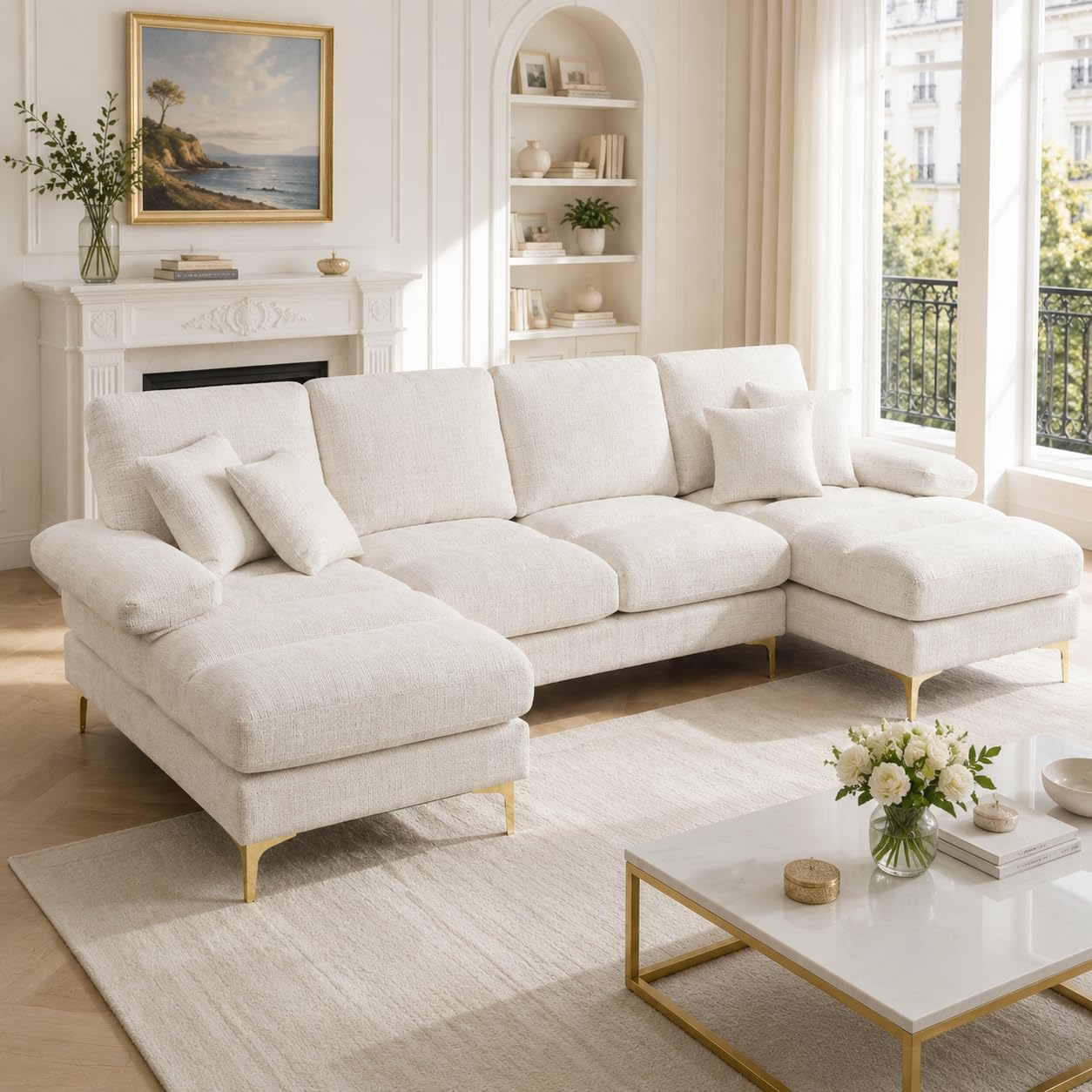 Lubvtti Sofá Moderno Grande de Chenilla en Forma de U con Asientos Dobles reclinables, sofá de Esquina, sofá 4 plazas para Sala de Estar/Dormitorio, Beige