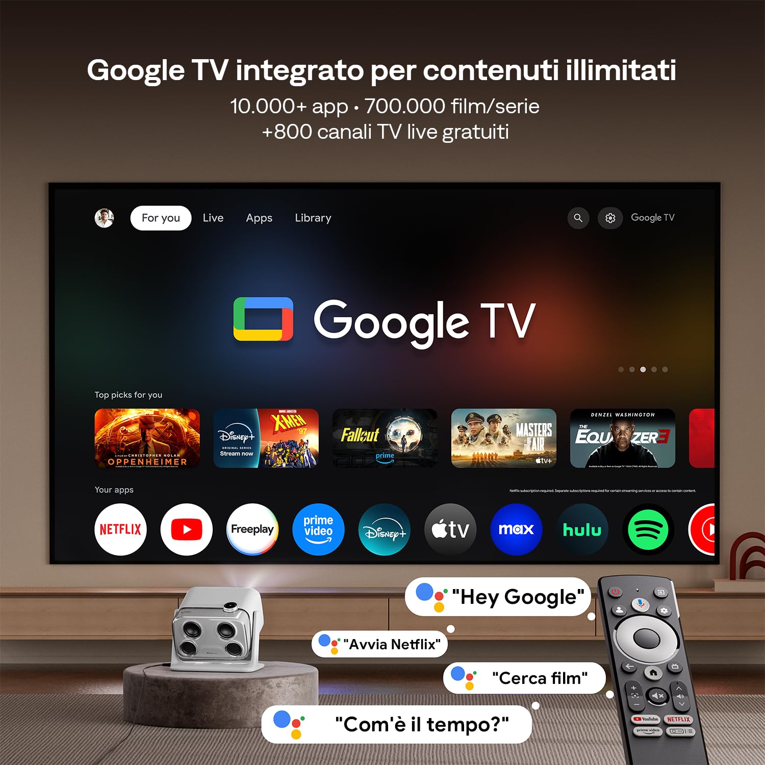Aurzen Boom Mini 4-in-1 Proiettore Smart con Google TV,10,000+ Apps, 4k Supporta Videoproiettore, 500 Lumen Projector, 20W DoIby Audio, Real-Time Focus & Keystone, WiFi/Bluetooth Esterno Home (Grigio)