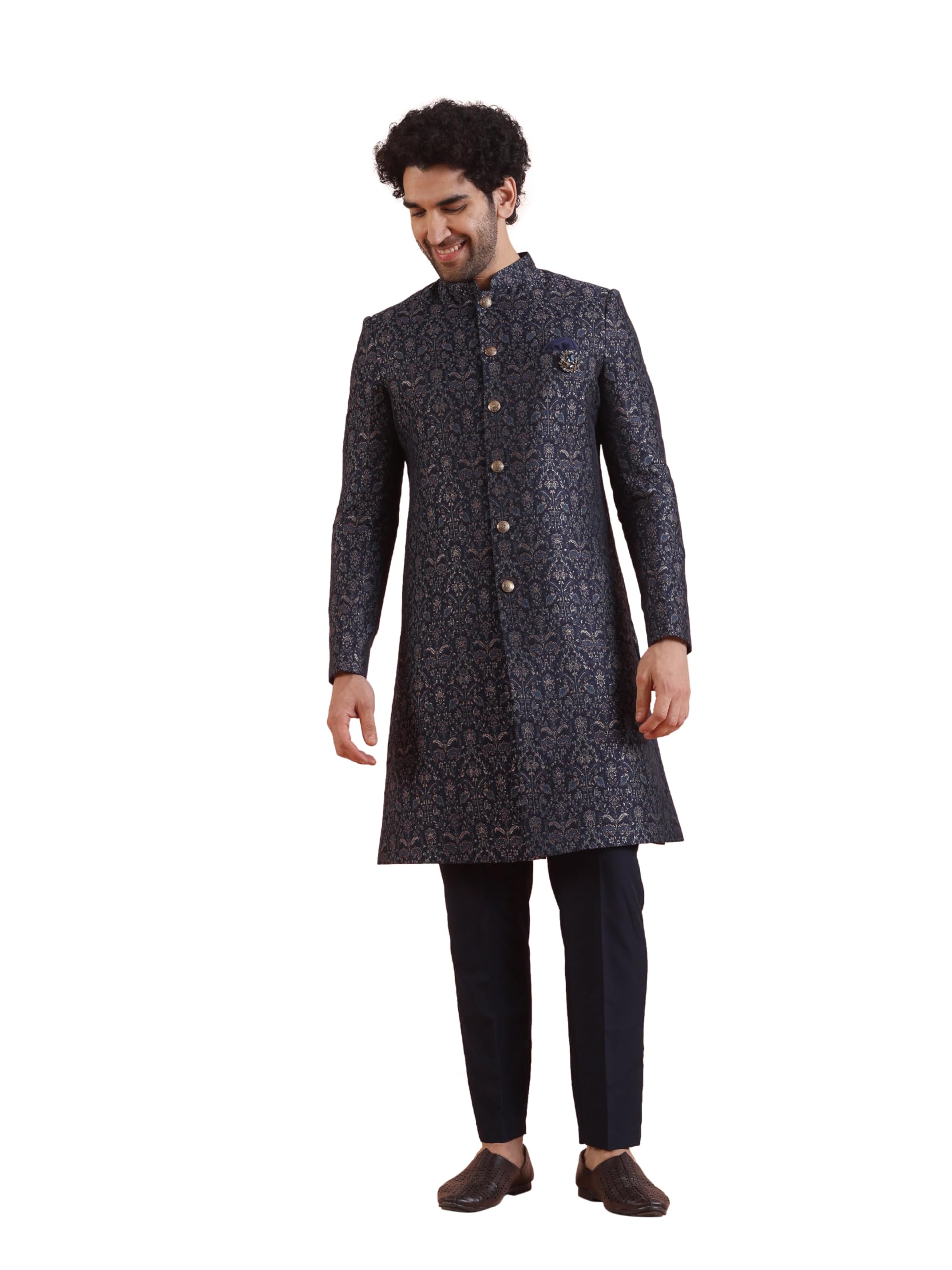 kisah Men Navy Blue Jacquard Ethnic Motifs Indowestern Sherwani Trouser Set-picture-23