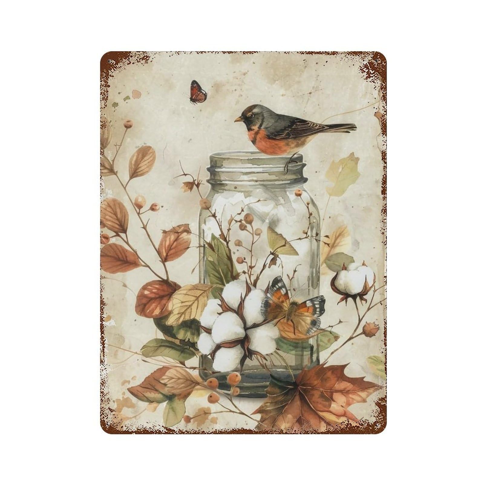 Hduryeyryy Multicolour Cotton & Robin Still Life 03 Wall Retro Iron Vintage Art Metal Tin Sign Poster Modern Home Cofffee Club Art Bar Shop Decor 40X30cm